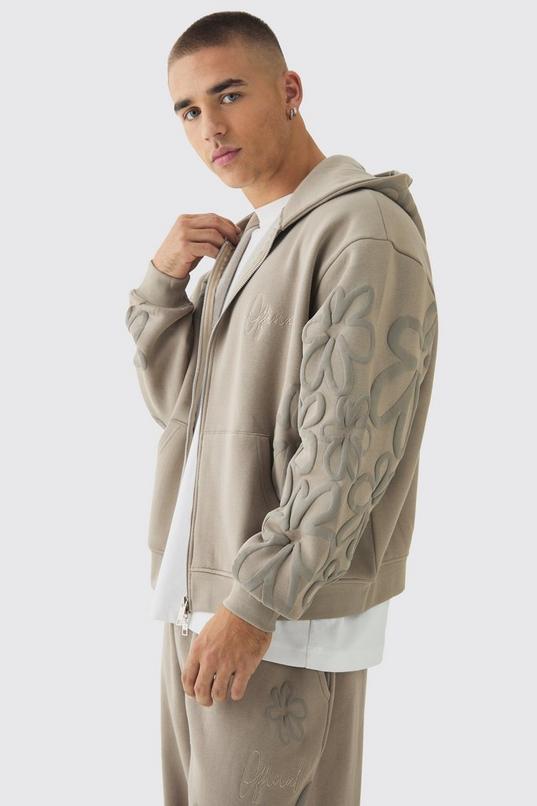 Oversized Boxy Floral Puff Print Zip Through Hoodie by BOOHOOMAN