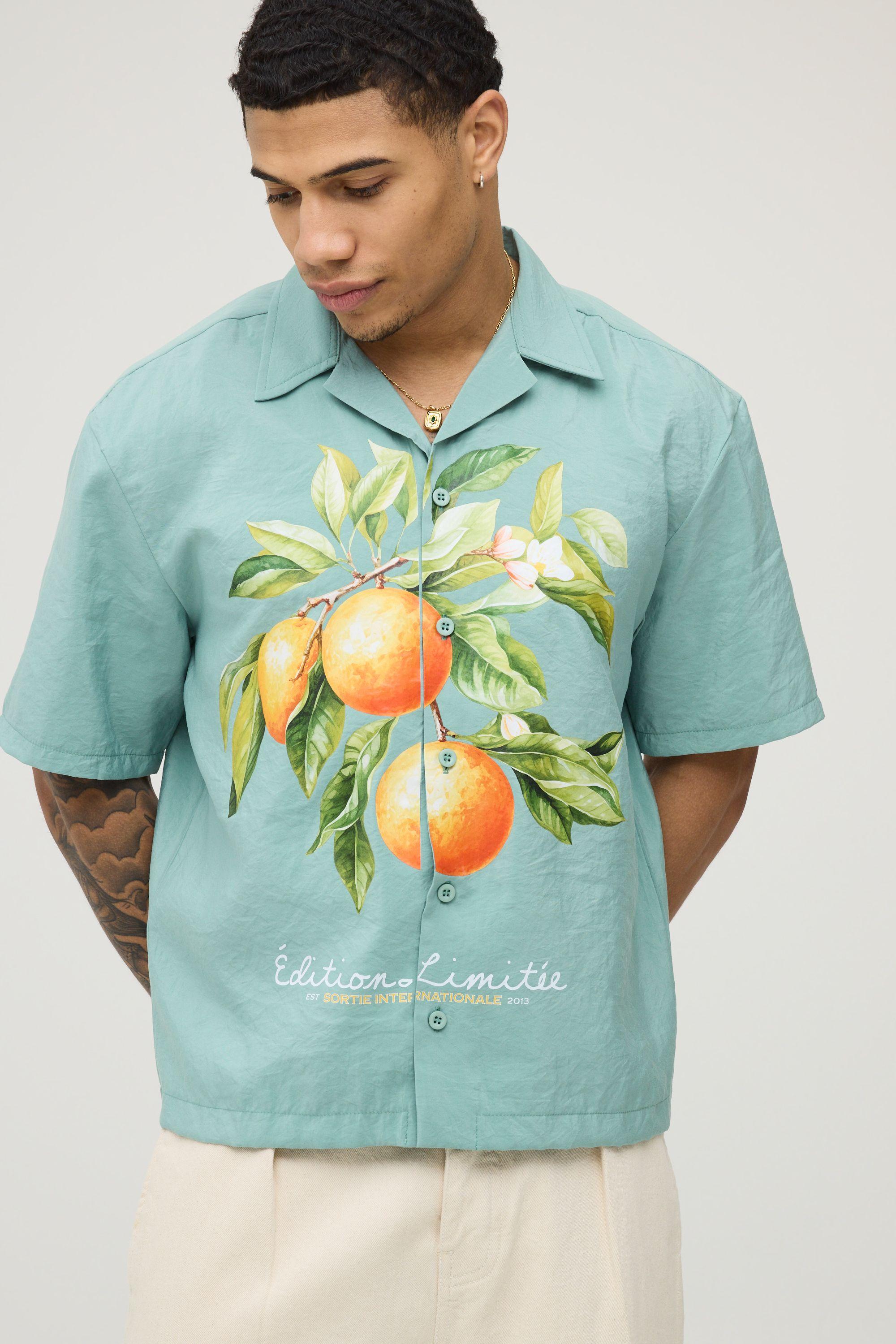 Oversized Boxy Fruit Print Revere Shirt by BOOHOOMAN
