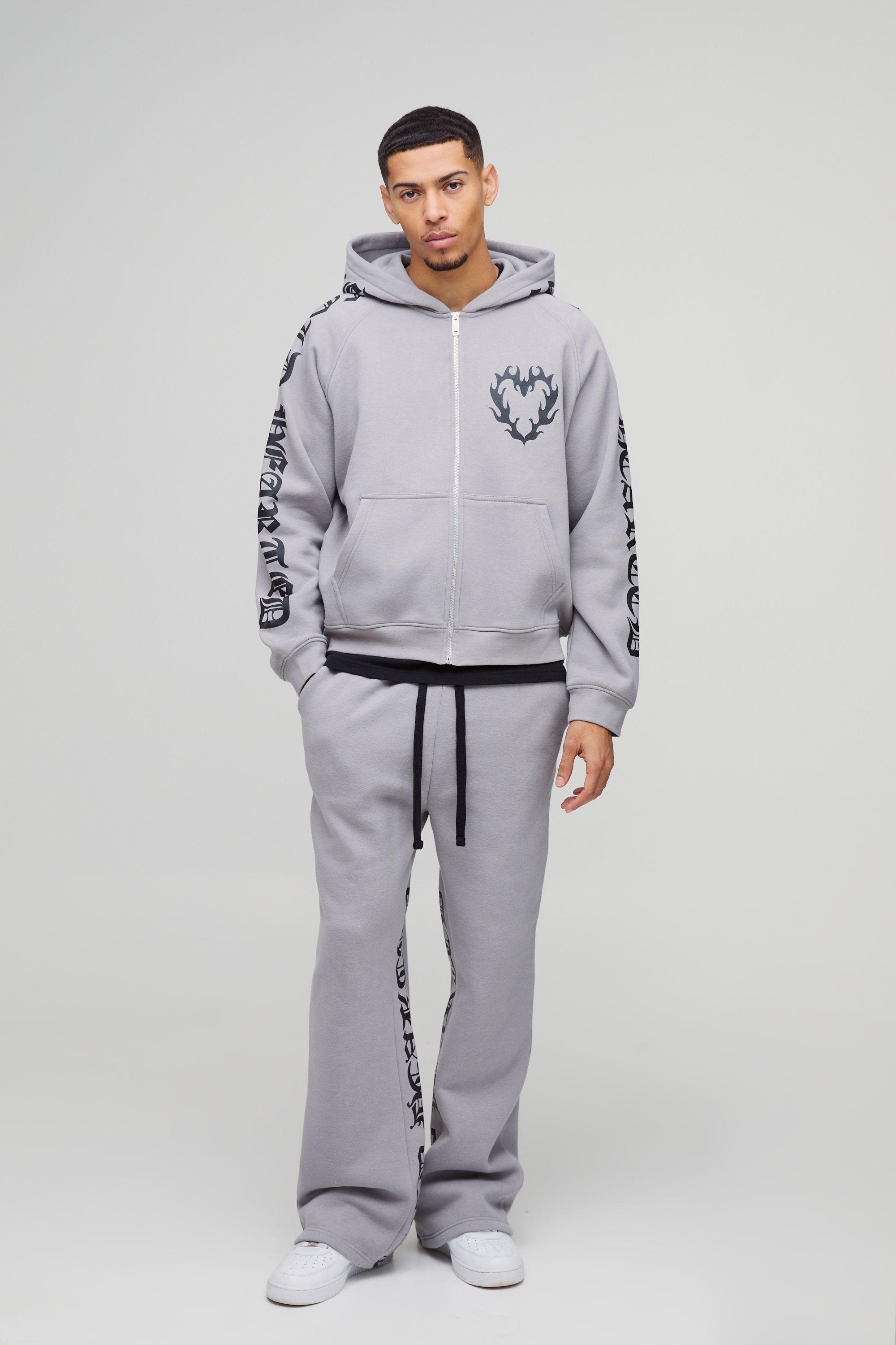 Oversized Boxy Gothic Heart Print Zip Through Gusset Hooded Tracksuit by BOOHOOMAN