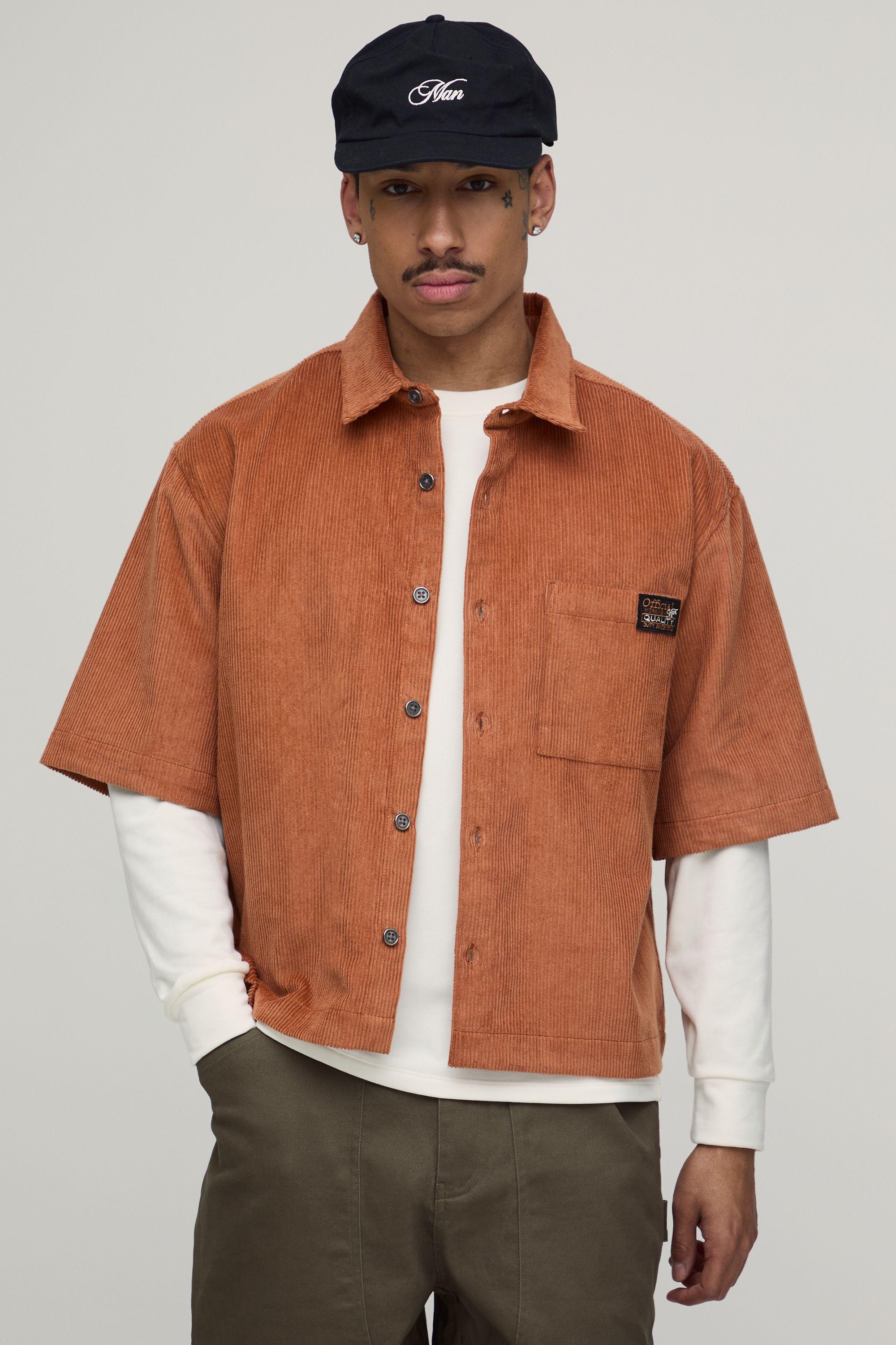 Oversized Boxy Half Sleeve Cord Woven Tab Shirt by BOOHOOMAN