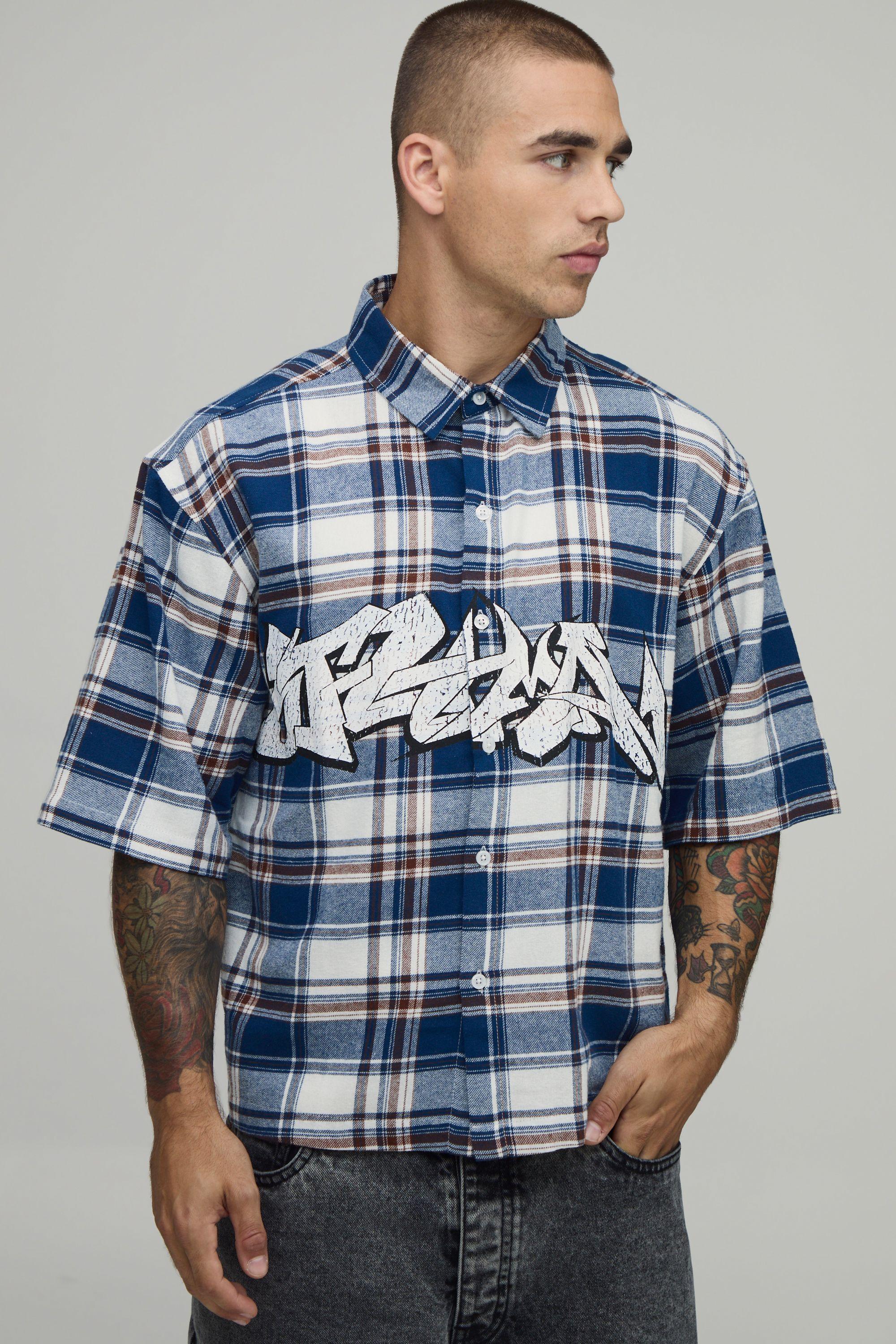 Oversized Boxy Half Sleeve Graffiti Print Check Shirt by BOOHOOMAN