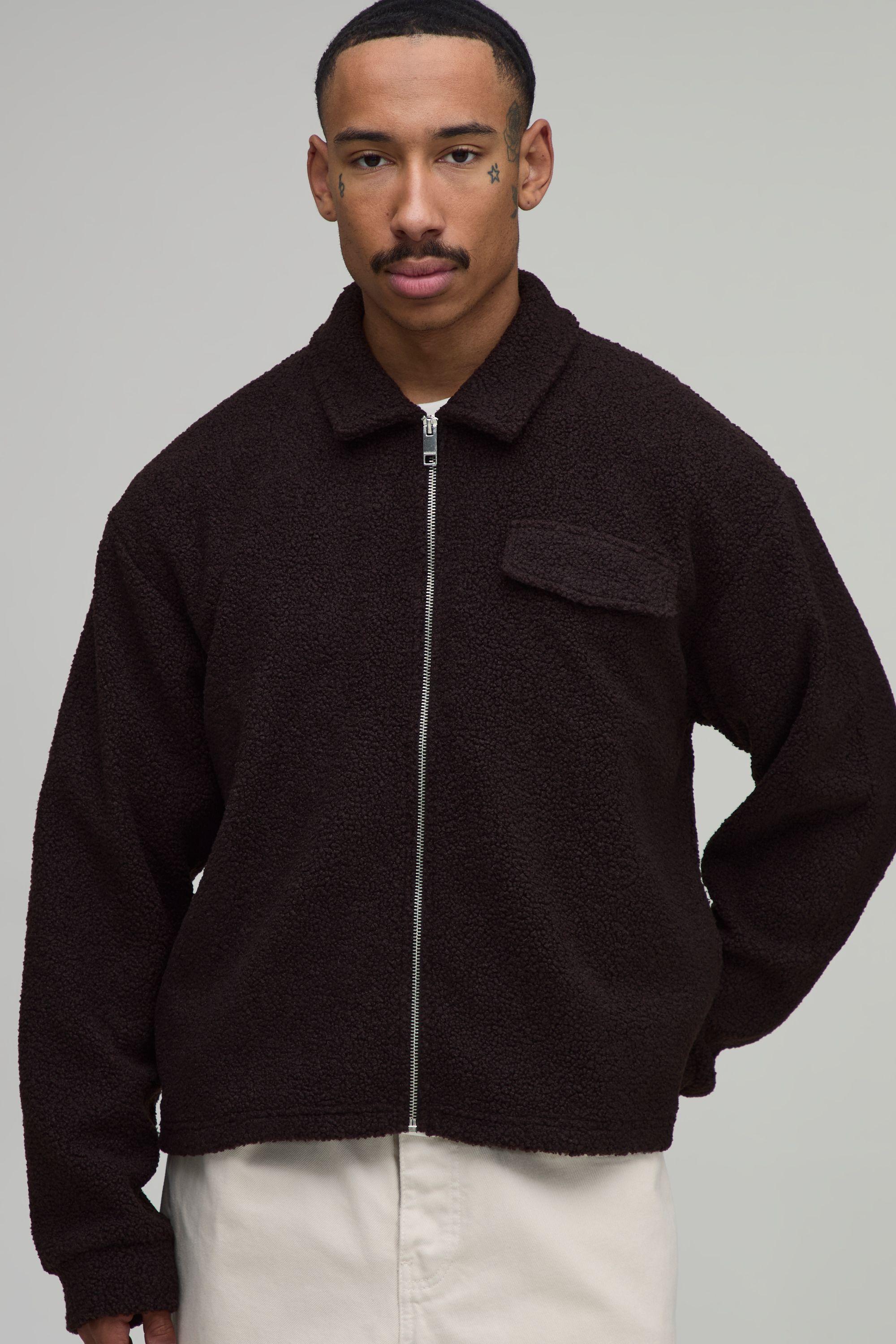 Oversized Boxy Harrington Zip Through Borg Shacket by BOOHOOMAN