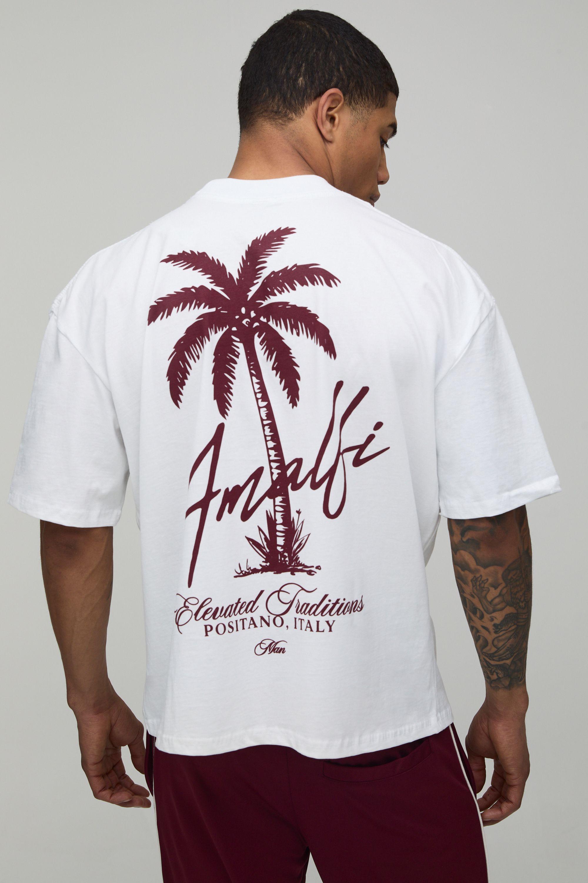 Oversized Boxy Heavyweight Amalfi Palm Print Extended Neck T-Shirt by BOOHOOMAN