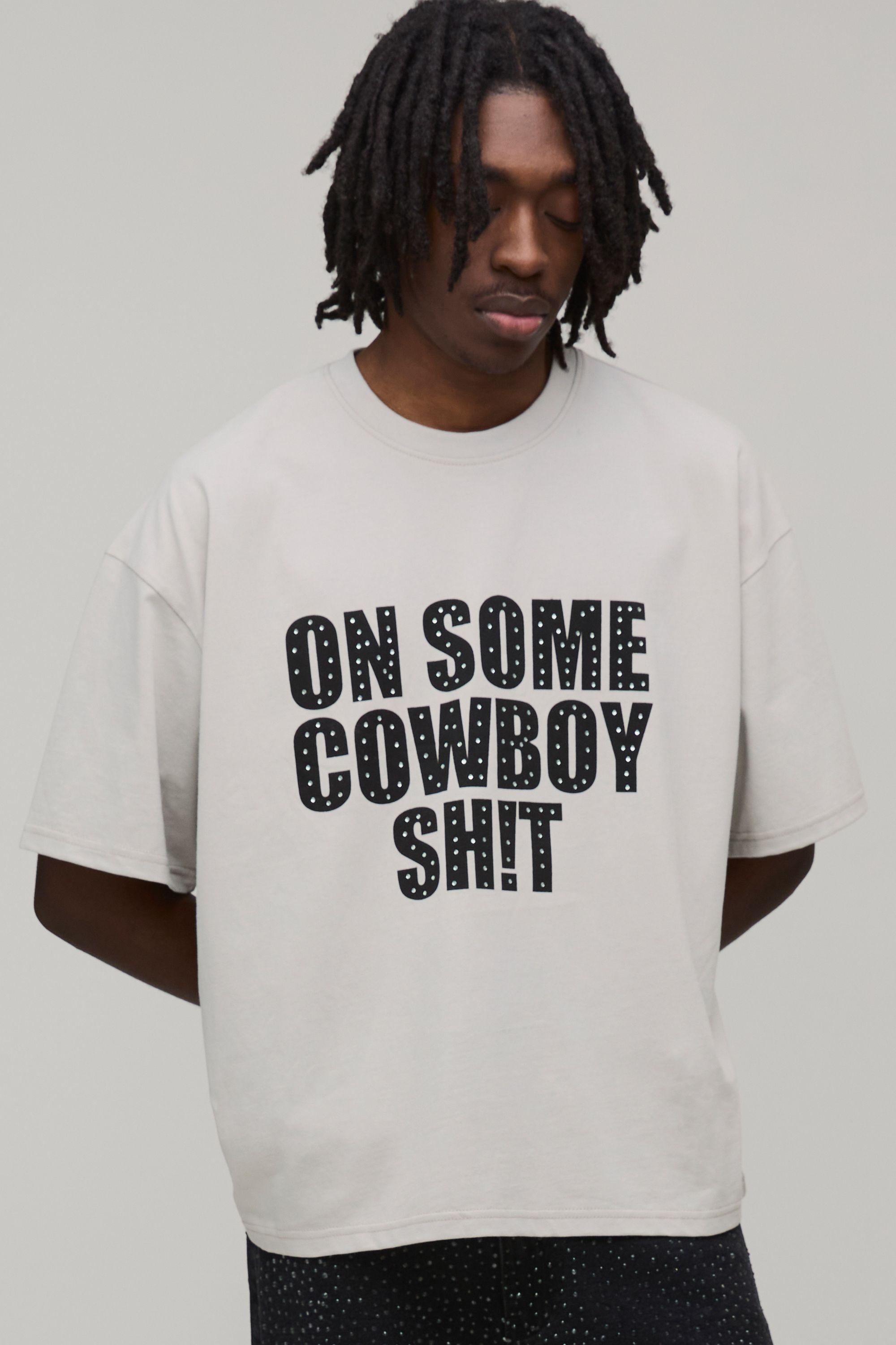 Oversized Boxy Heavyweight Cowboy Rhinestone Slogan T-Shirt by BOOHOOMAN