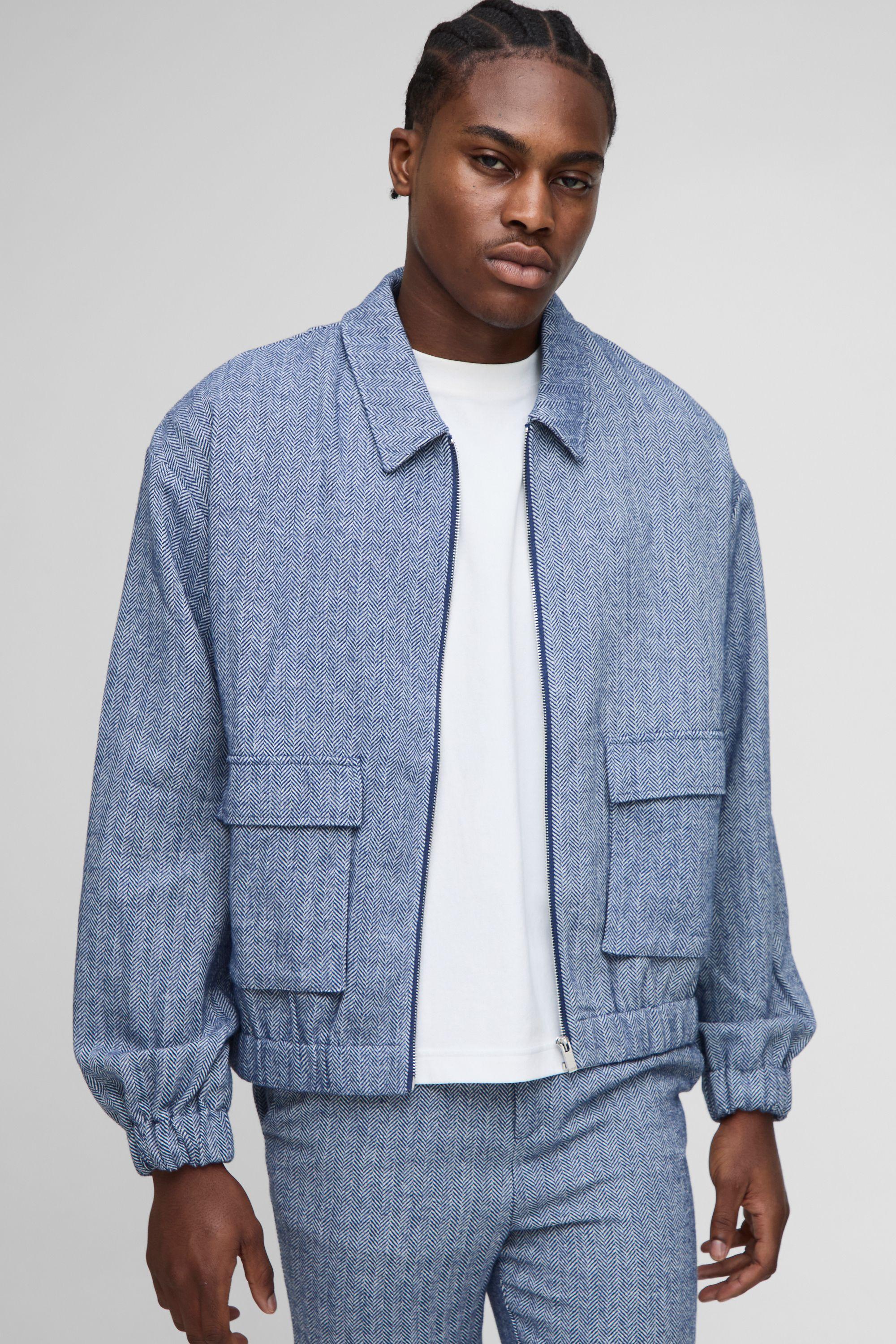 Oversized Boxy Herringbone Harrington by BOOHOOMAN