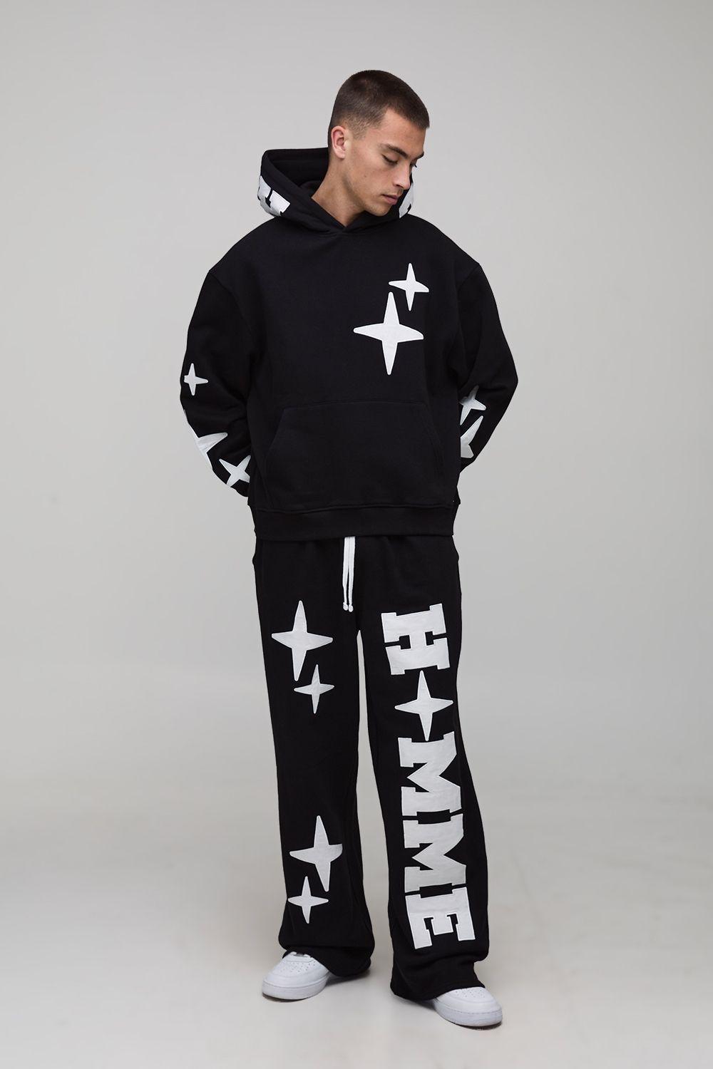 Oversized Boxy Homme Applique Hoodie And Wide Leg Jogger Tracksuit by BOOHOOMAN