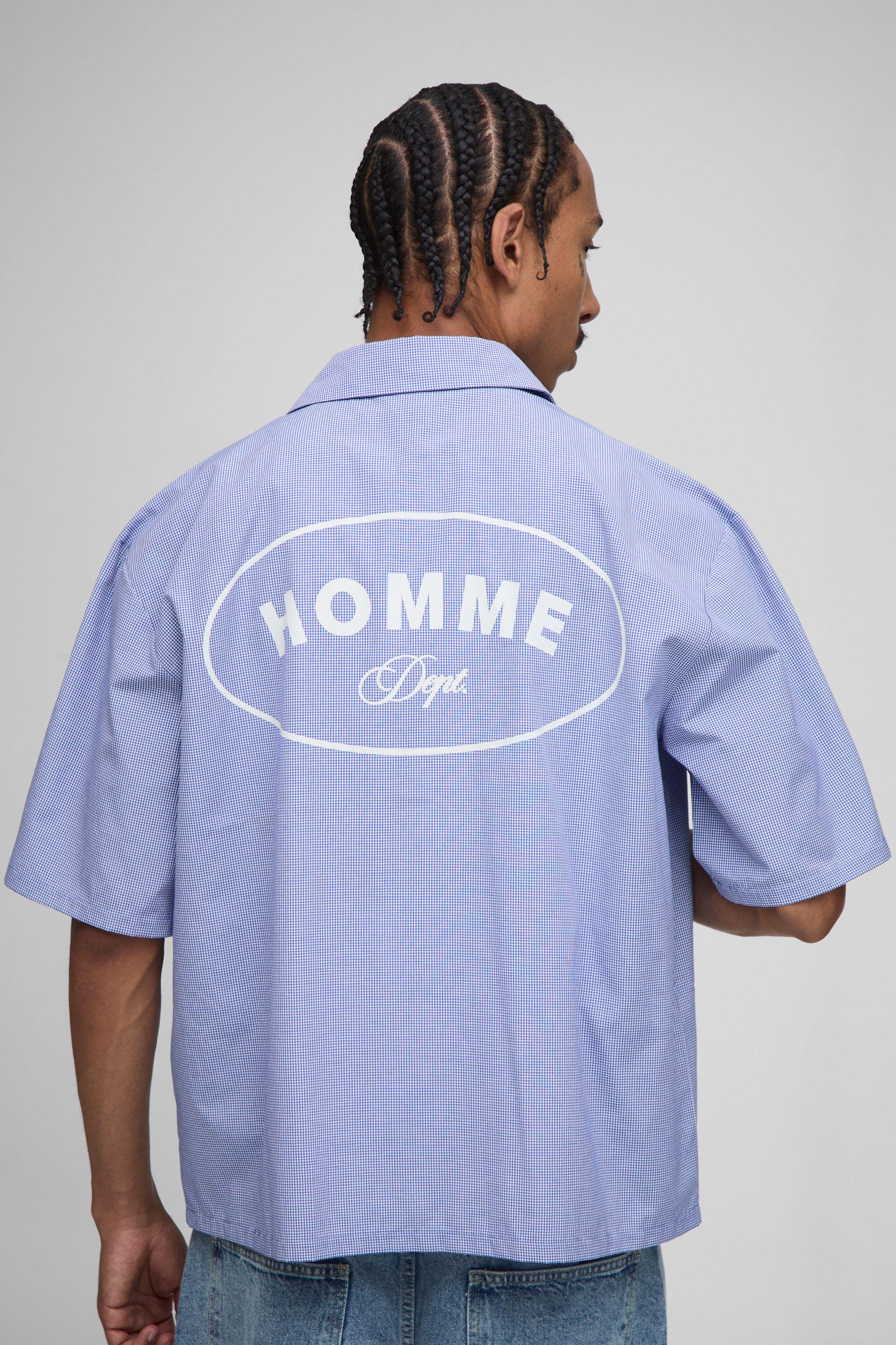 Oversized Boxy Homme Print Micro Check Shirt by BOOHOOMAN