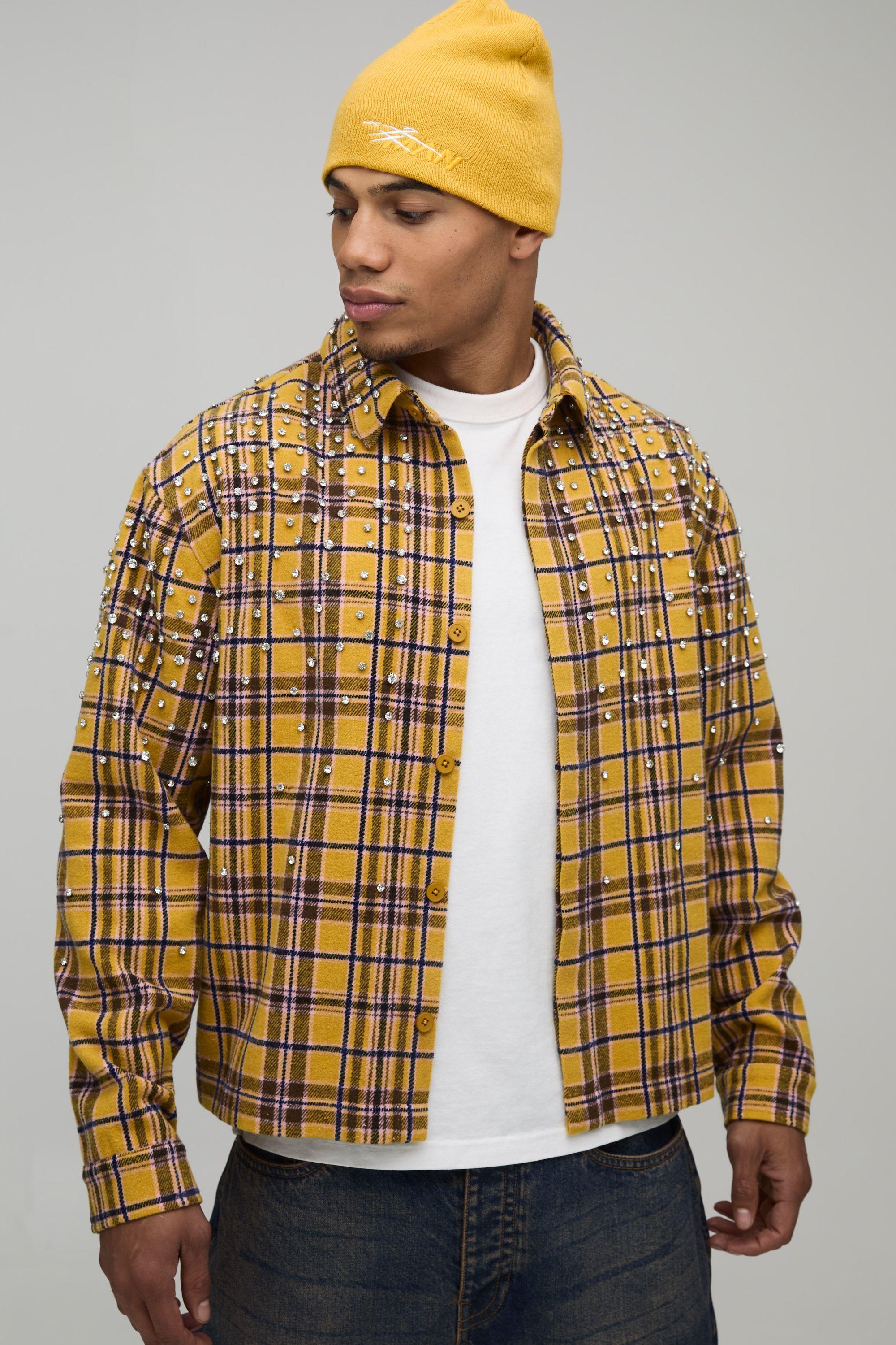 Oversized Boxy Jewel Rhinestone Check Shirt by BOOHOOMAN