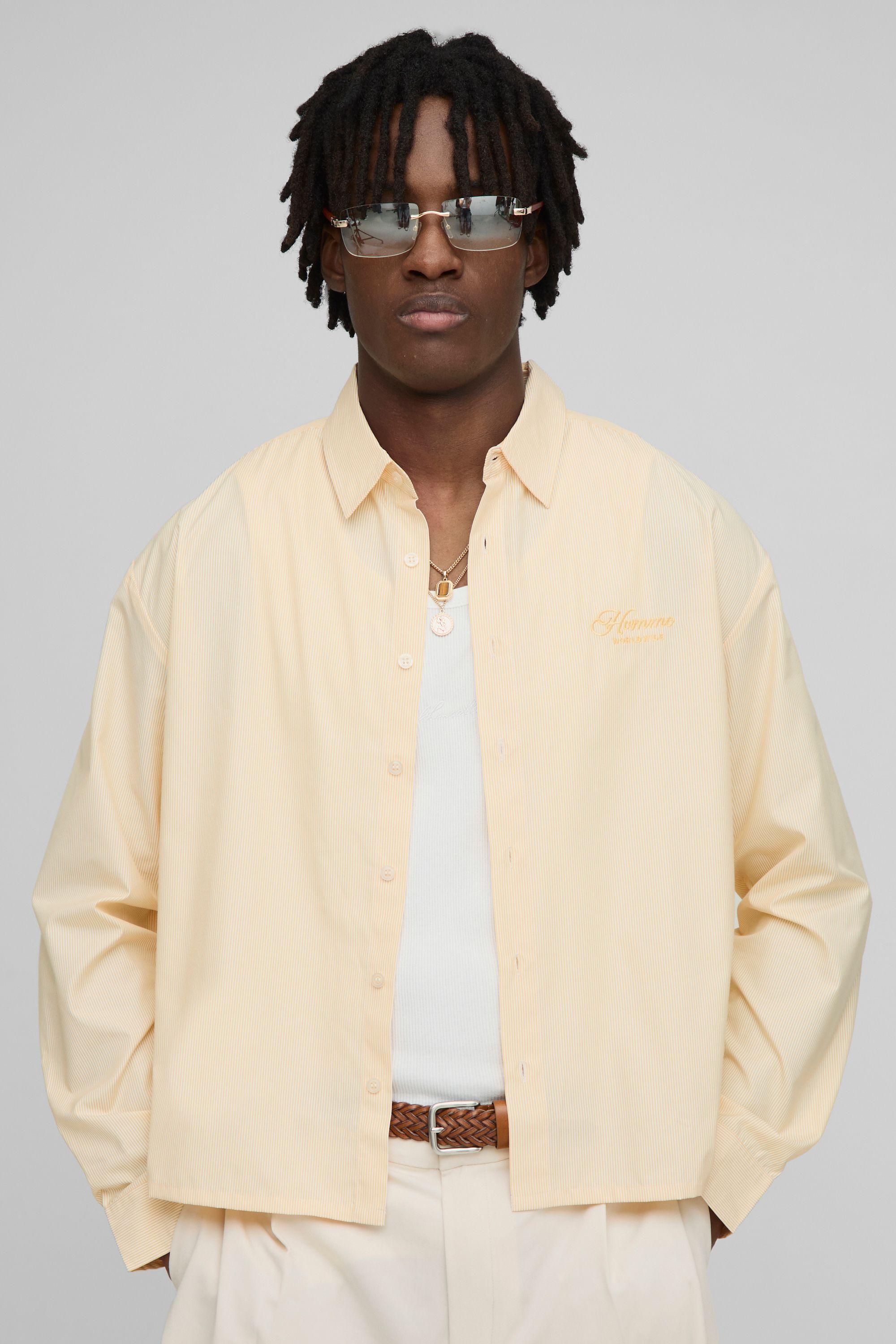 Oversized Boxy Long Sleeve Stripe Embroidered Shirt by BOOHOOMAN