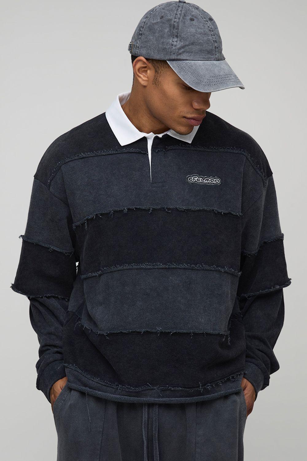 Oversized Boxy Loopback Washed Embroidered Faux Layer Stripe Rugby Polo by BOOHOOMAN