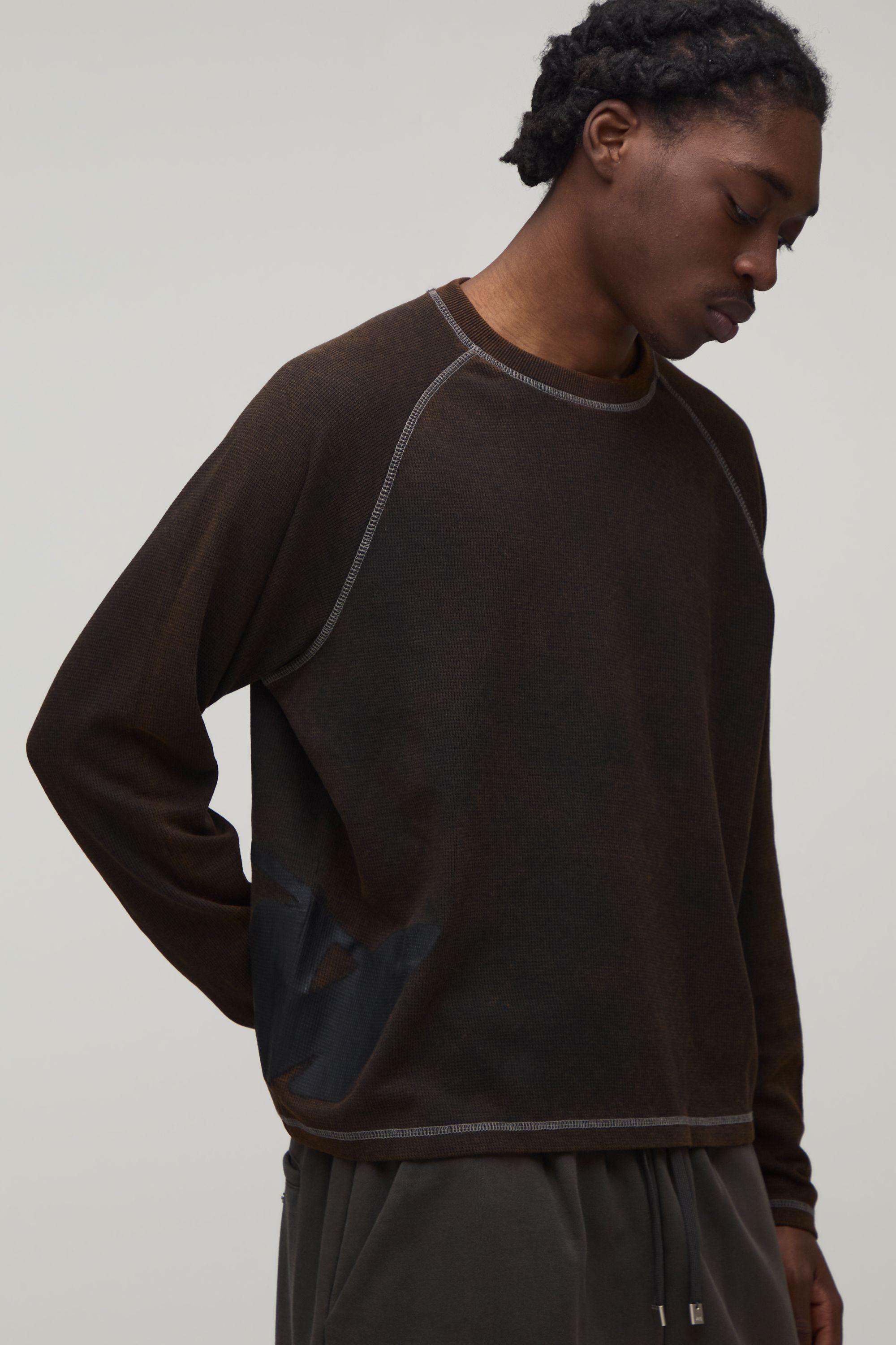 Oversized Boxy M Star Long Sleeve Waffle Wash T-Shirt by BOOHOOMAN