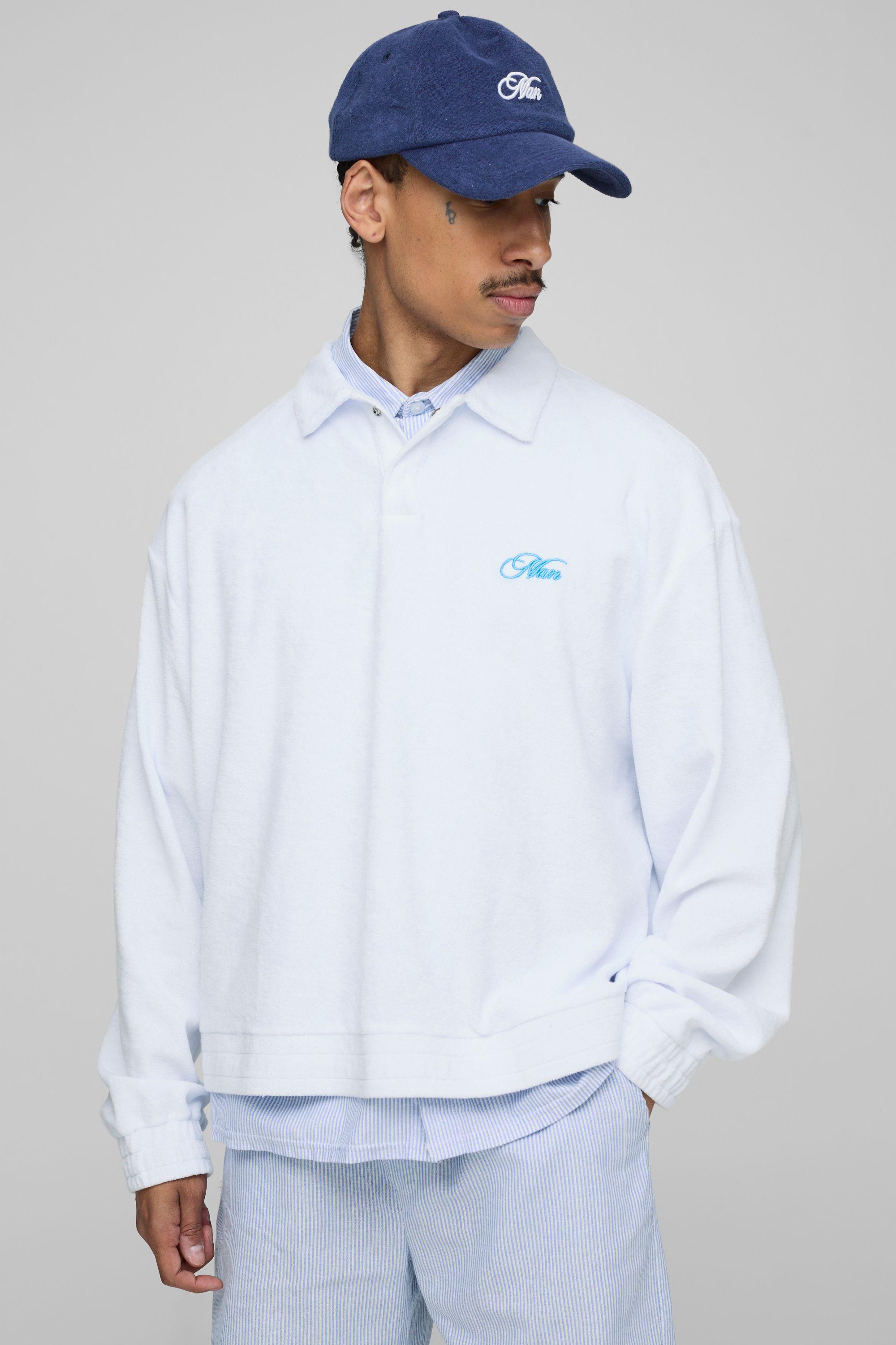 Oversized Boxy Man Embroidered Towelling Long Sleeve Polo by BOOHOOMAN