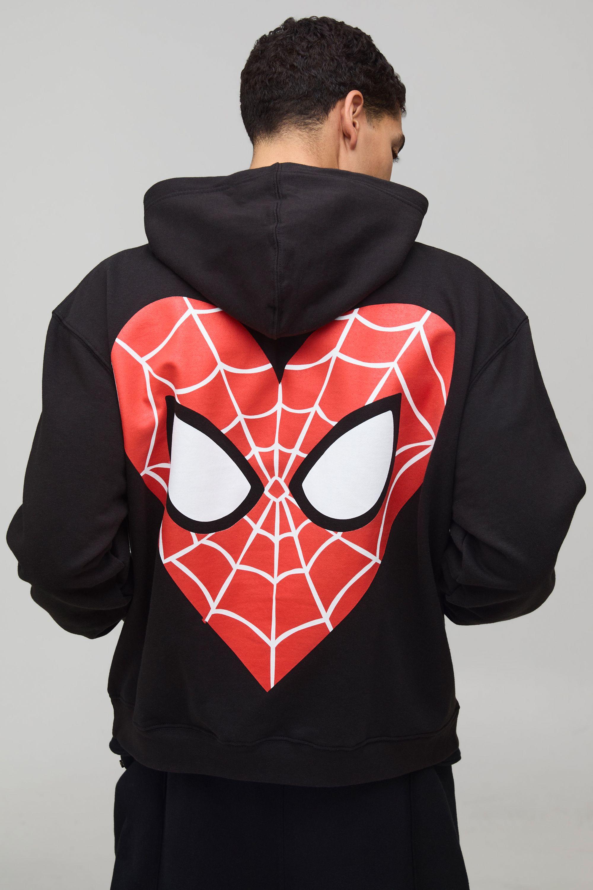 Oversized Boxy Marvel Spider-Man Heart License Printed Hoodie by BOOHOOMAN