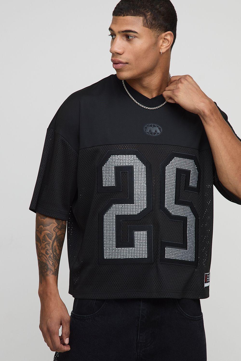 Oversized Boxy Mesh Diamante Varsity Hockey Top by BOOHOOMAN