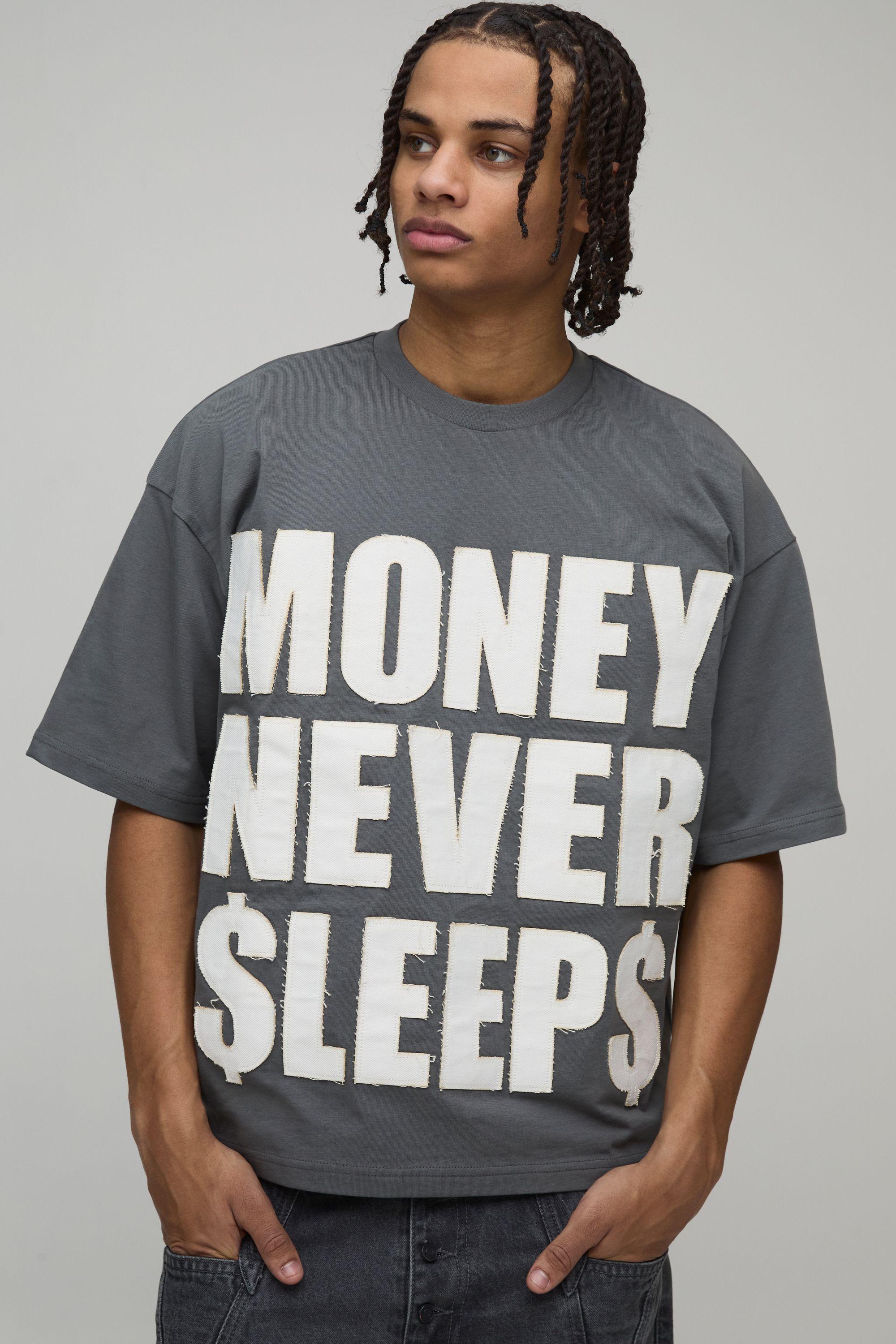 Oversized Boxy Money Slogan Distressed Applique T-Shirt by BOOHOOMAN