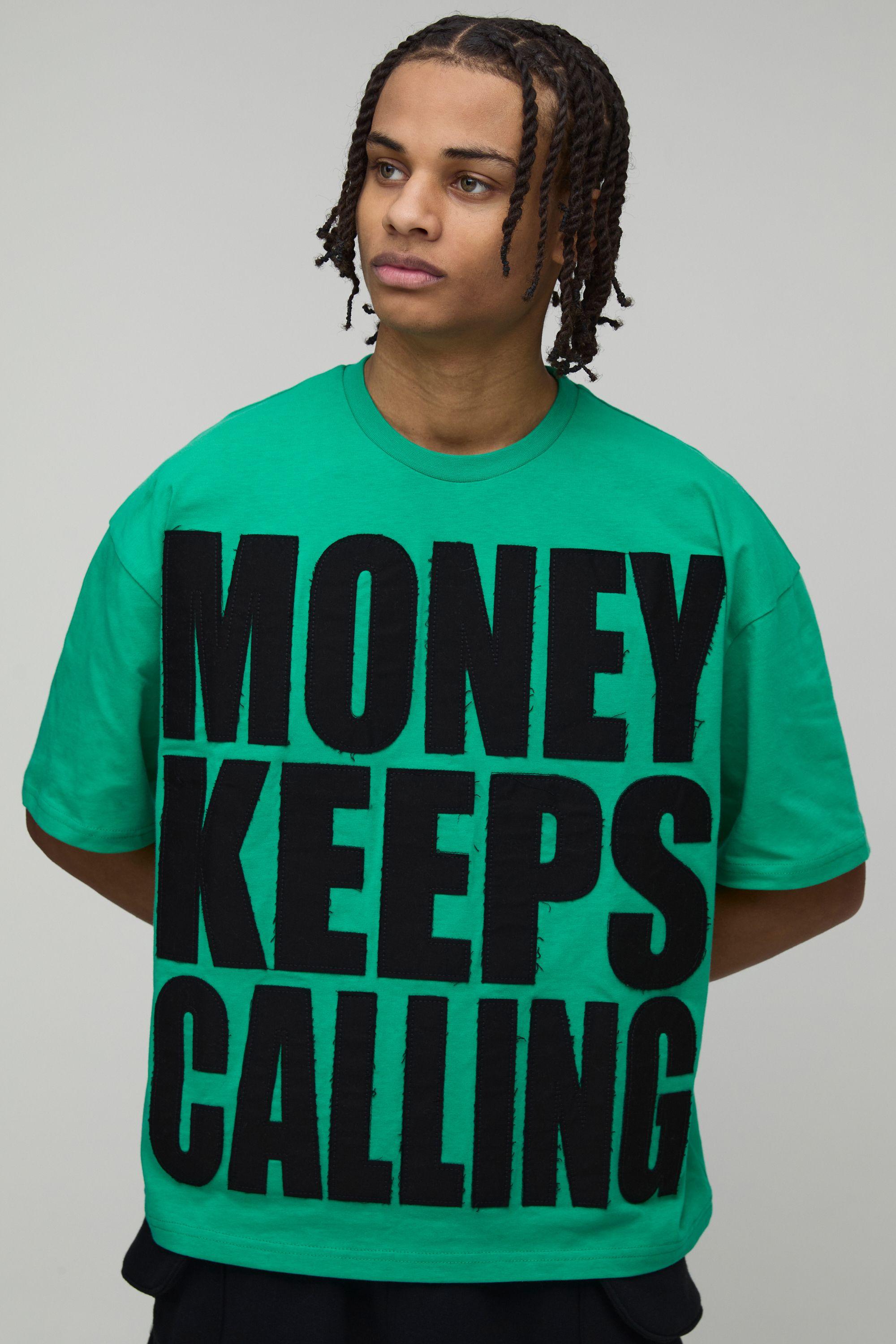 Oversized Boxy Money Slogan Distressed Applique T-Shirt by BOOHOOMAN