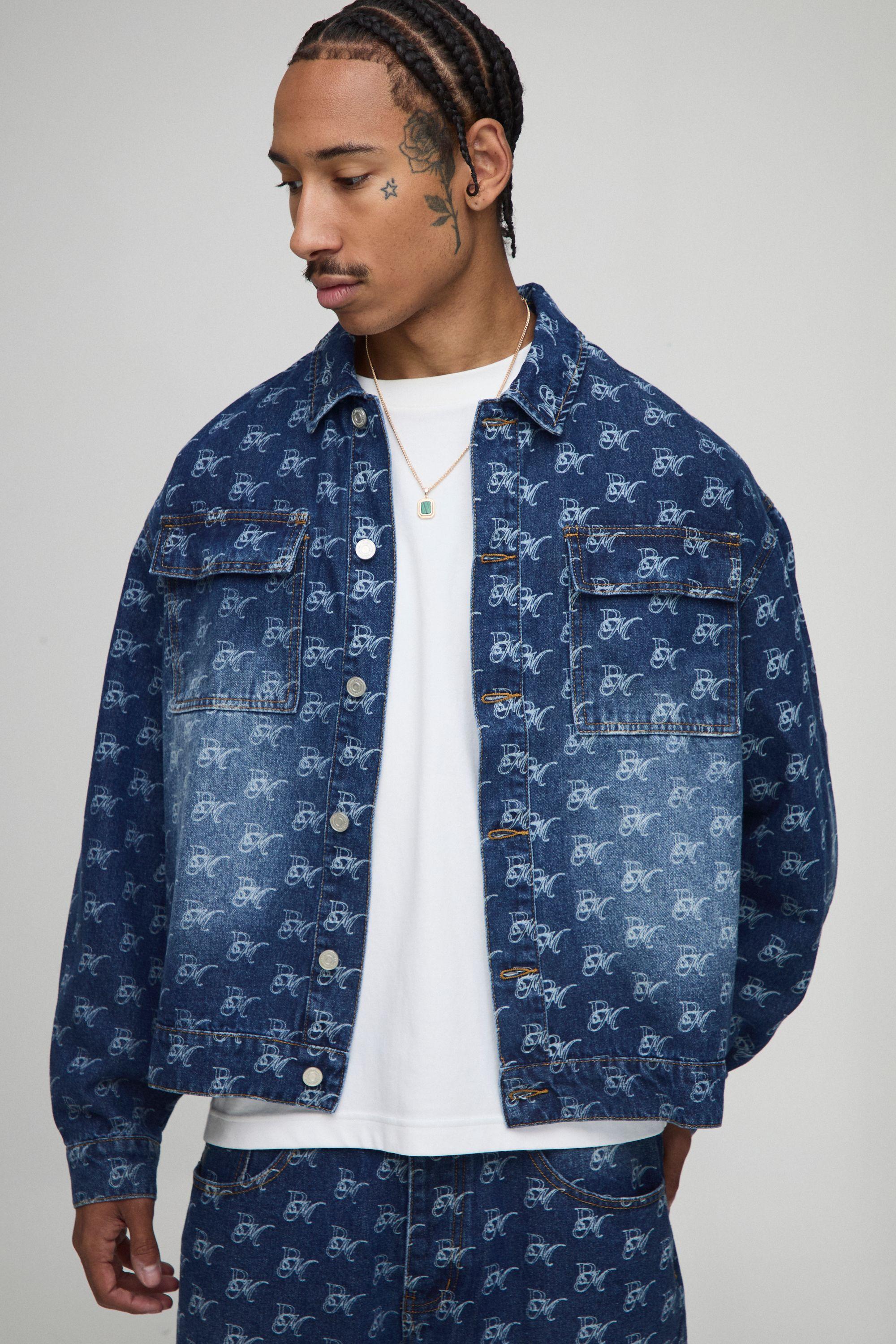 Oversized Boxy Monogram Washed Denim Jacket by BOOHOOMAN