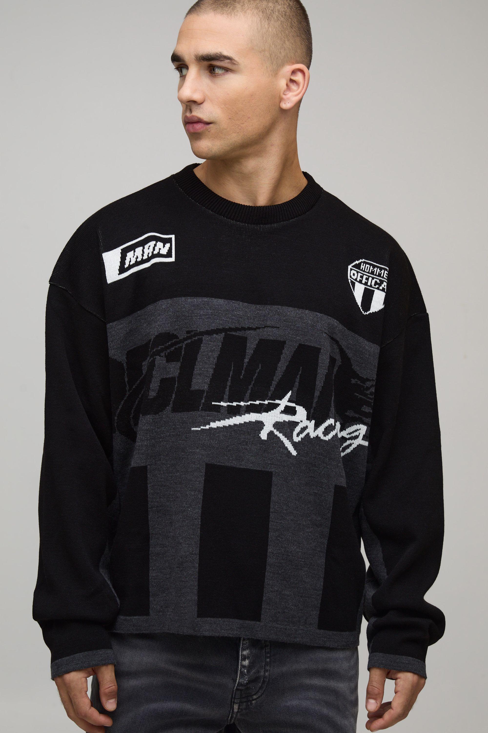 Oversized Boxy Moto Jacquard Knitted Jumper by BOOHOOMAN