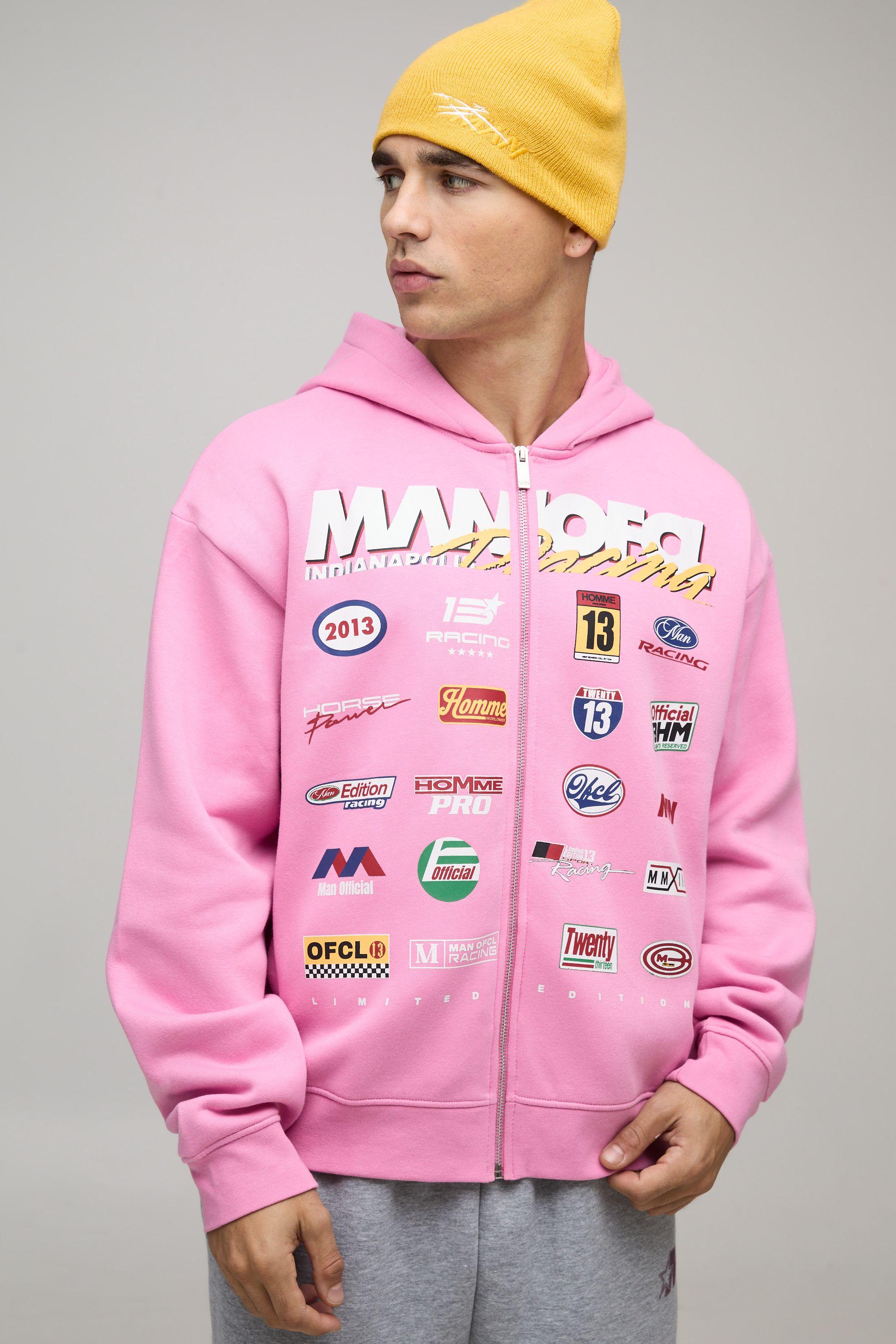 Oversized Boxy Moto Printed Zip Through Hoodie by BOOHOOMAN