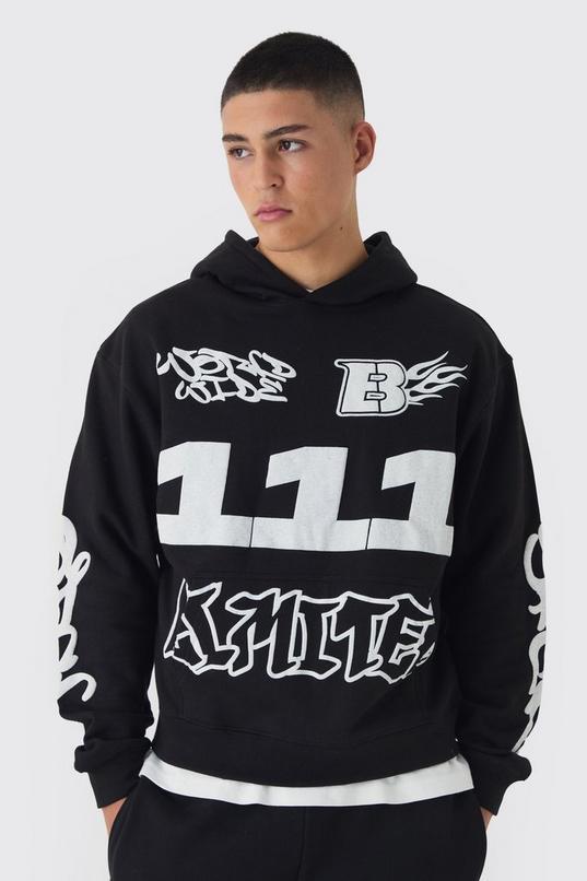 Oversized Boxy Moto Puff Print Hoodie by BOOHOOMAN