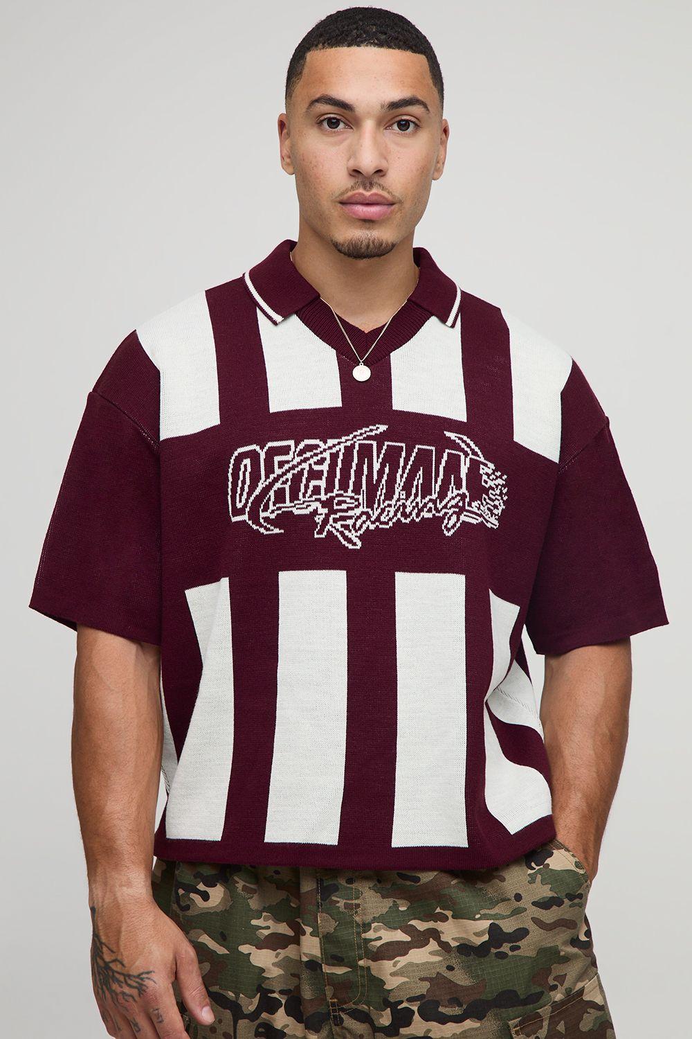 Oversized Boxy Moto Racing Jacquard Football Panel Knitted Polo by BOOHOOMAN