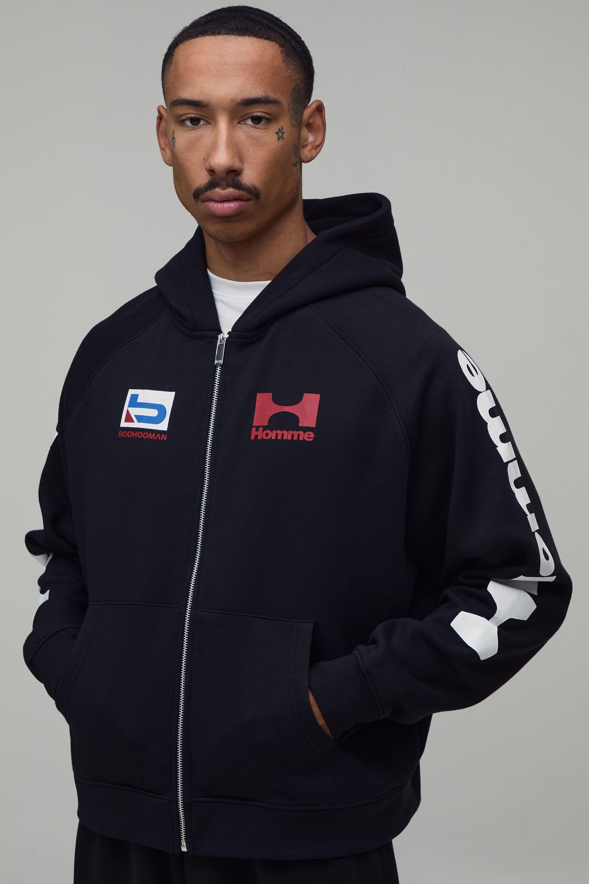 Oversized Boxy Moto Raglan Zip Through Hoodie by BOOHOOMAN