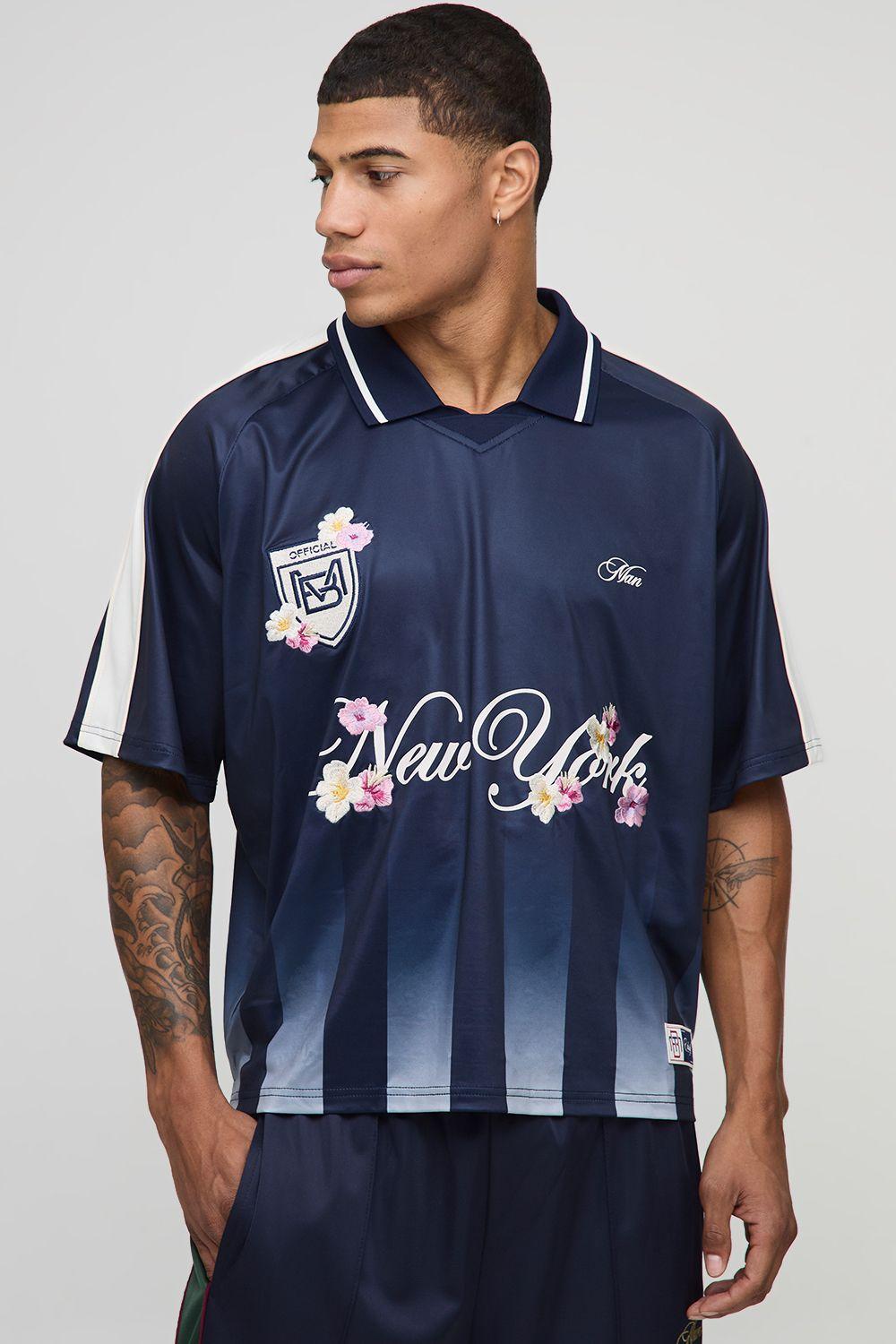 Oversized Boxy New York Floral Stripe Embroidered Sports Top by BOOHOOMAN
