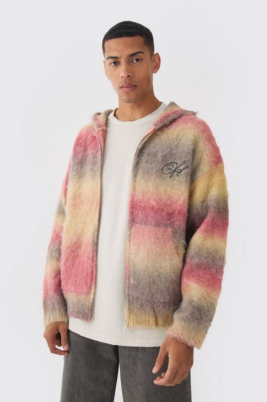 Oversized Boxy OFCL Brushed Ombre Stripe Knitted Zip Through Hoodie by BOOHOOMAN