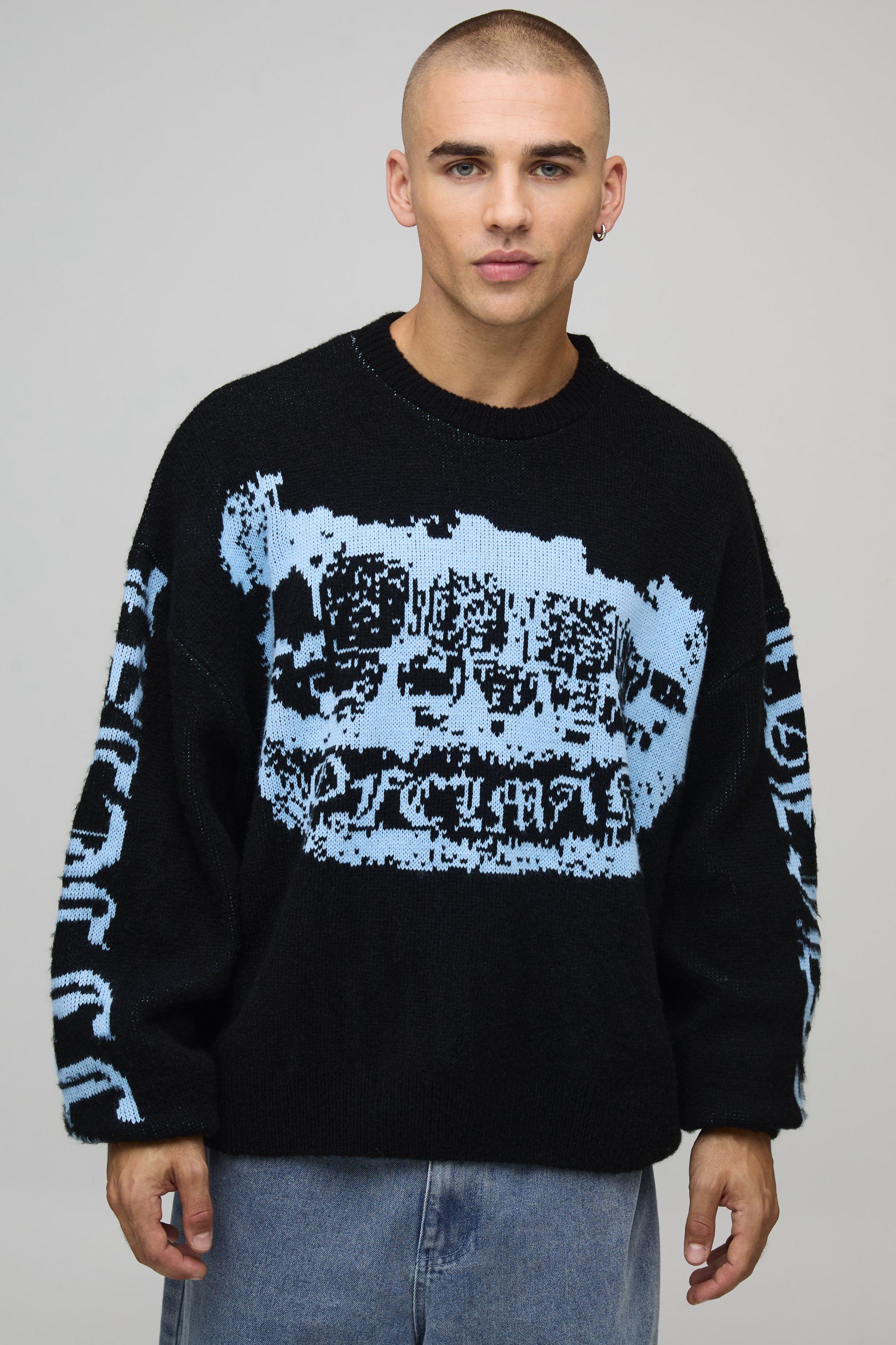 Oversized Boxy OFCL Grills Graphic Brushed Knitted Jumper by BOOHOOMAN