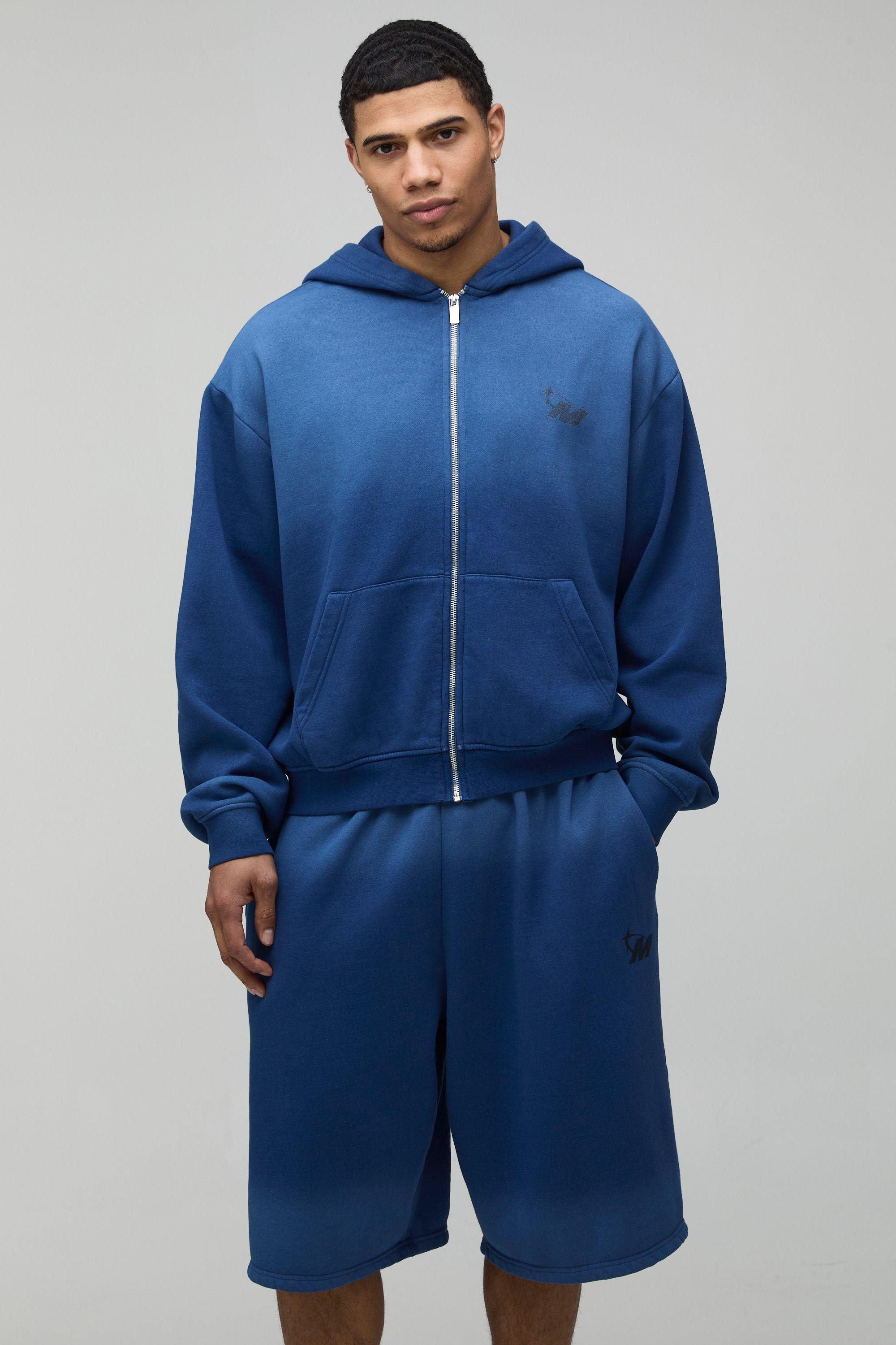 Oversized Boxy Ombre Wash M Star Zip Through Hooded Jort Tracksuit by BOOHOOMAN