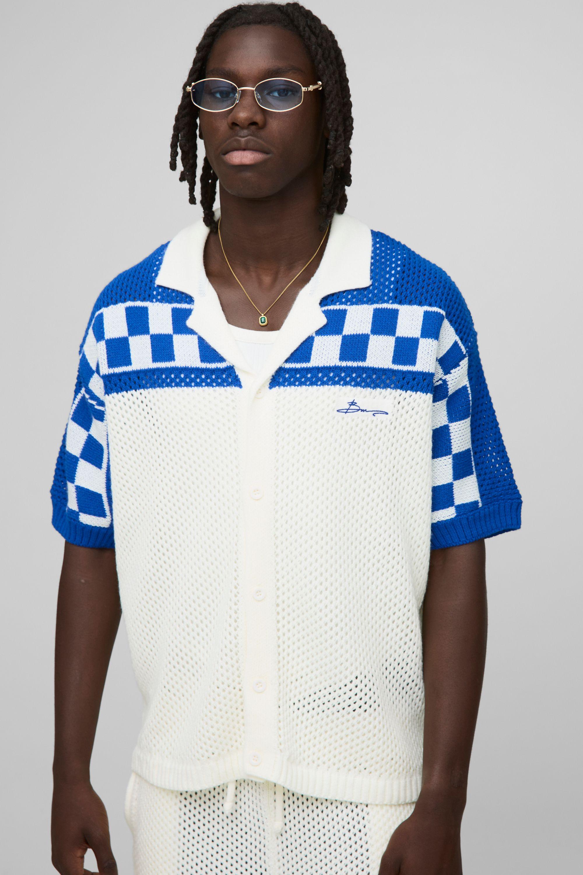 Oversized Boxy Open Stitch Checker Board Shirt by BOOHOOMAN
