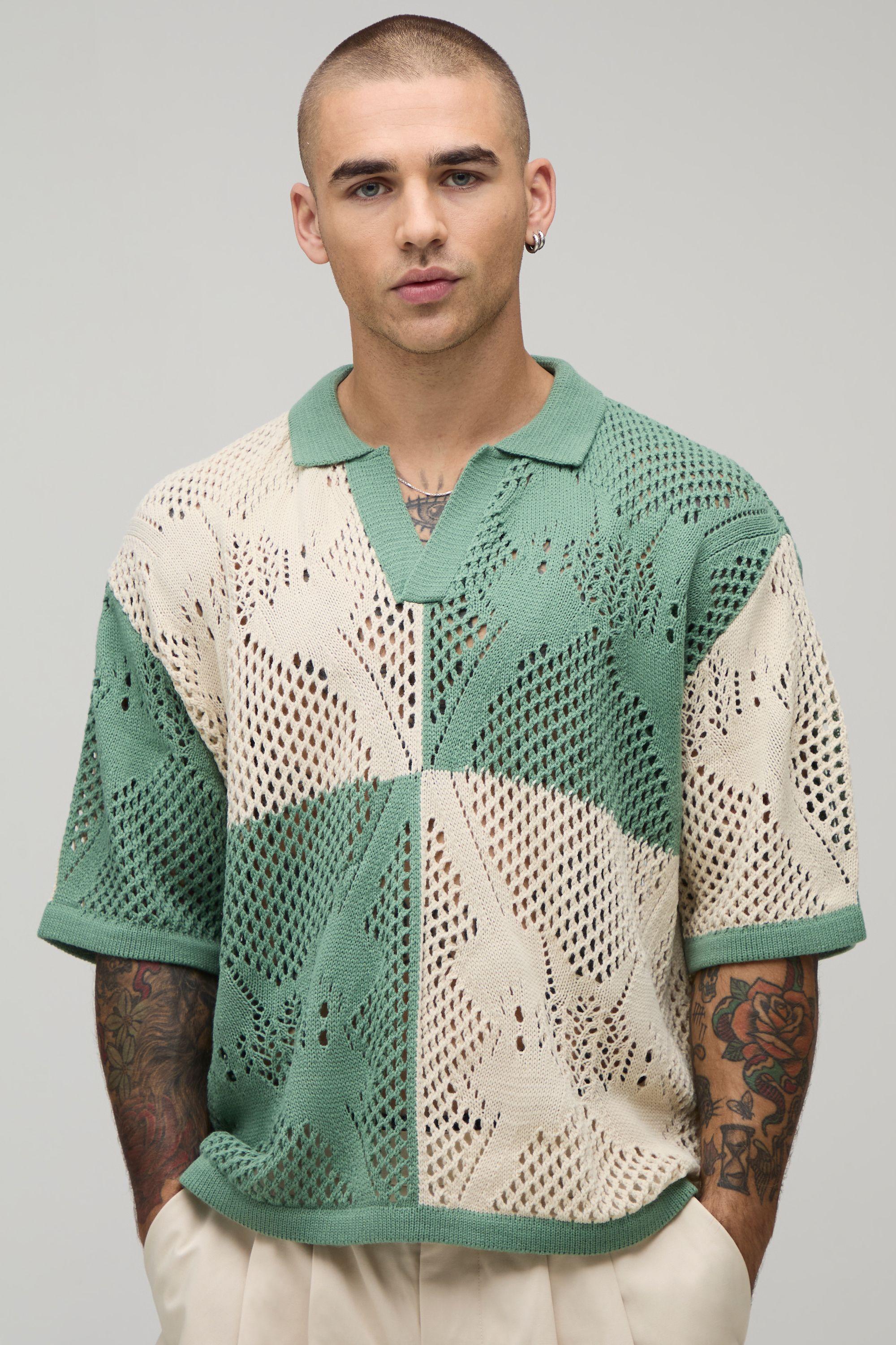 Oversized Boxy Open Stitch Crochet Knitted Polo by BOOHOOMAN