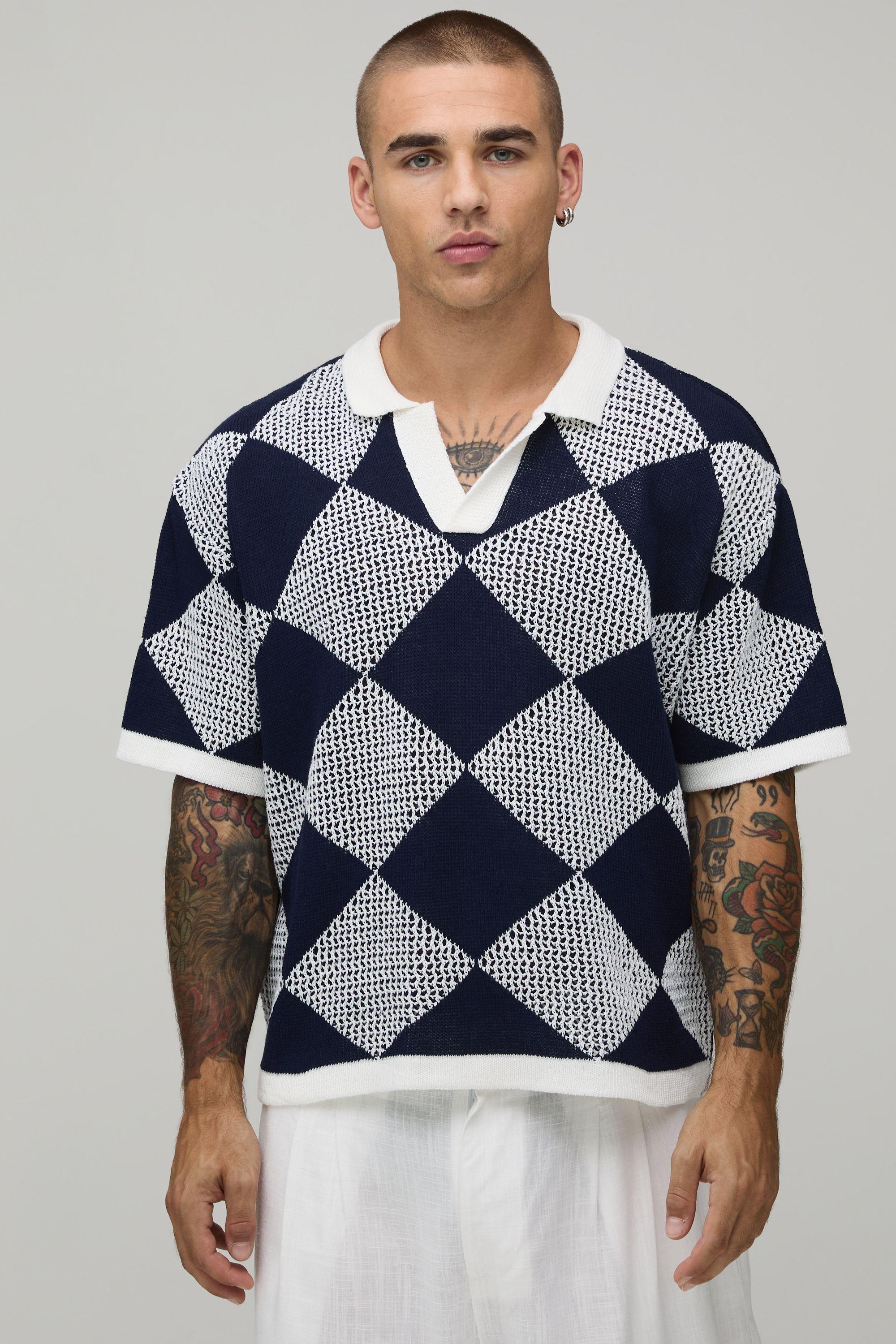 Oversized Boxy Open Stitch Crochet Knitted Polo by BOOHOOMAN