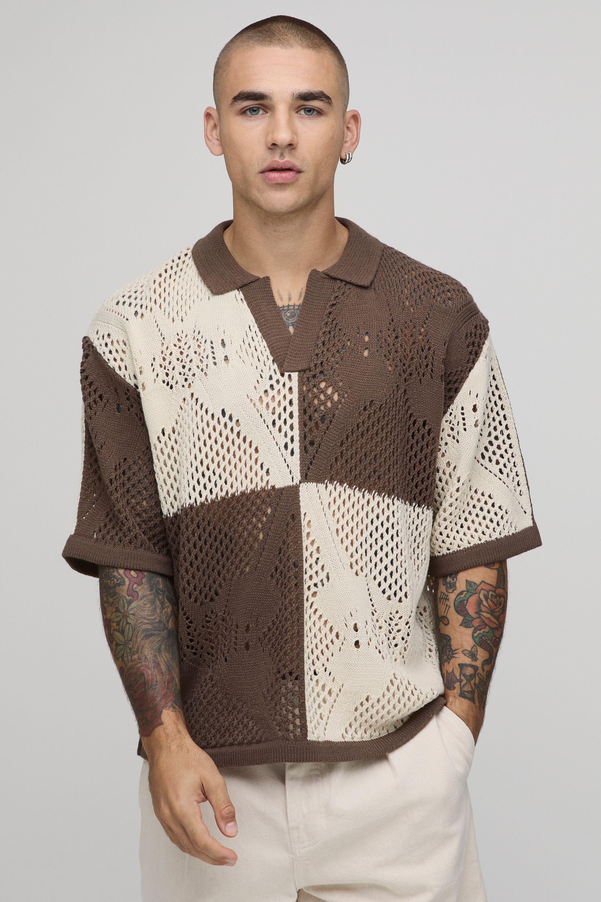 Oversized Boxy Open Stitch Crochet Knitted Polo by BOOHOOMAN