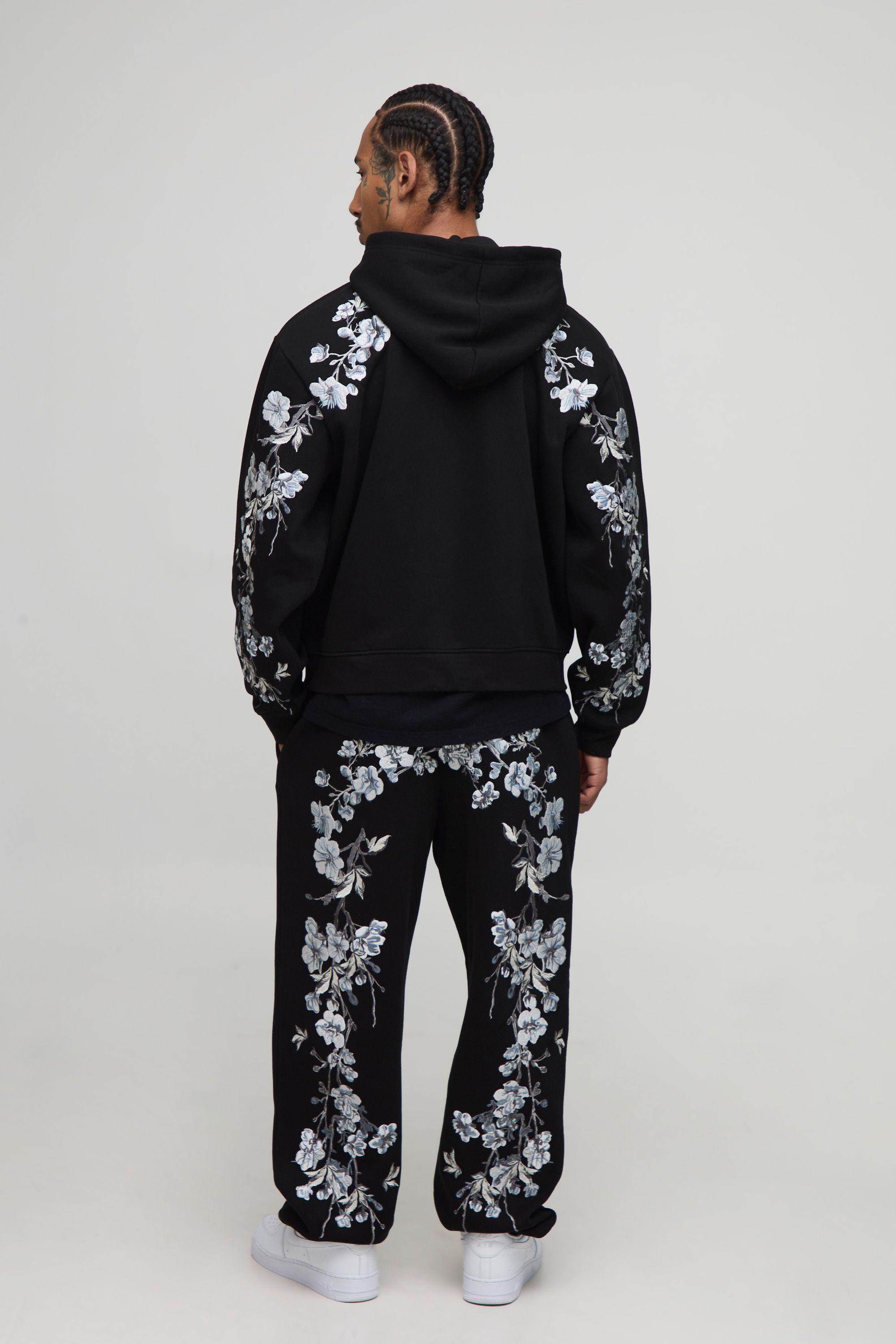 Oversized Boxy Over Seams Floral Embroidery Zip Through Hoodie by BOOHOOMAN