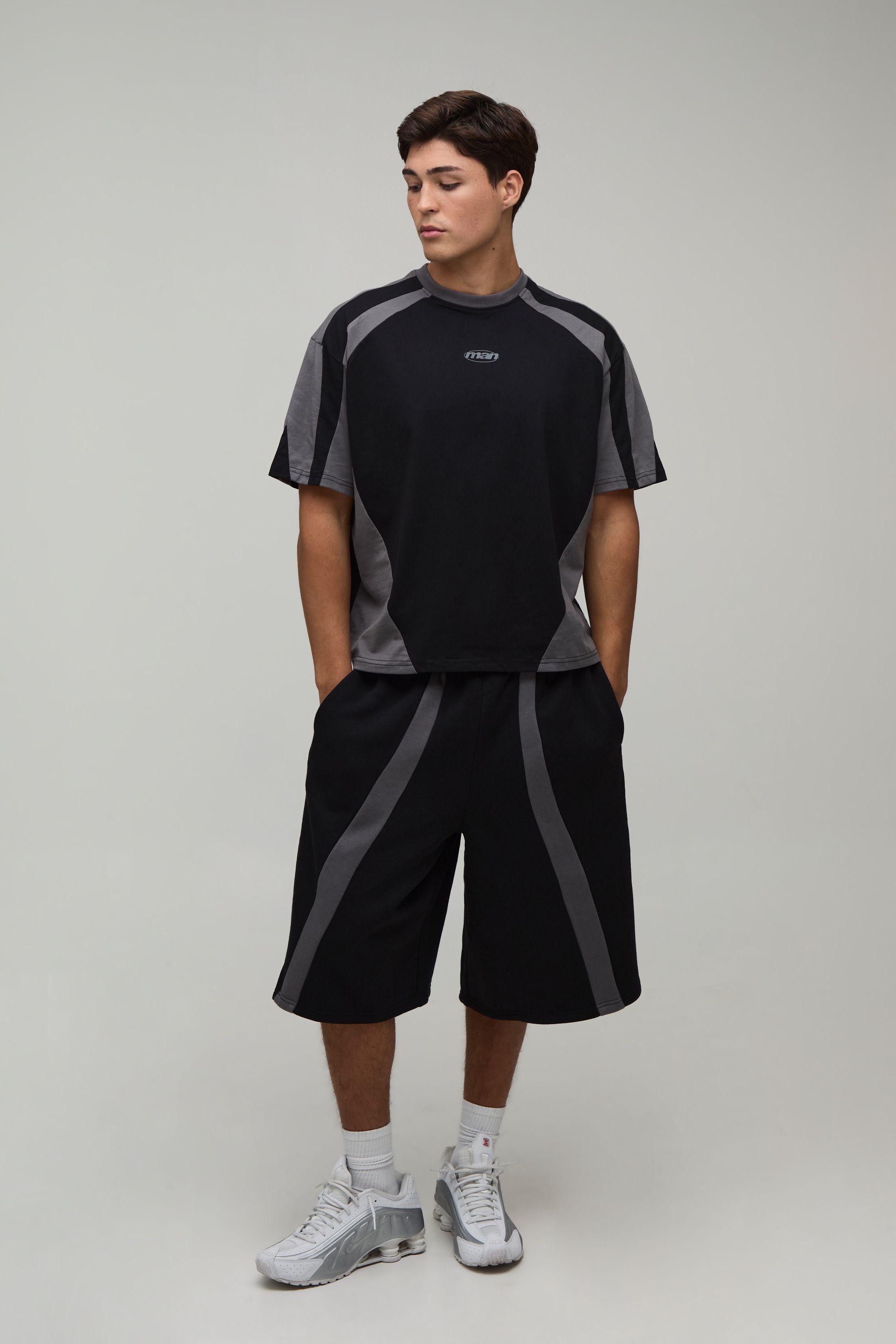 Oversized Boxy Paneled T-Shirt & Jersey Short Set by BOOHOOMAN