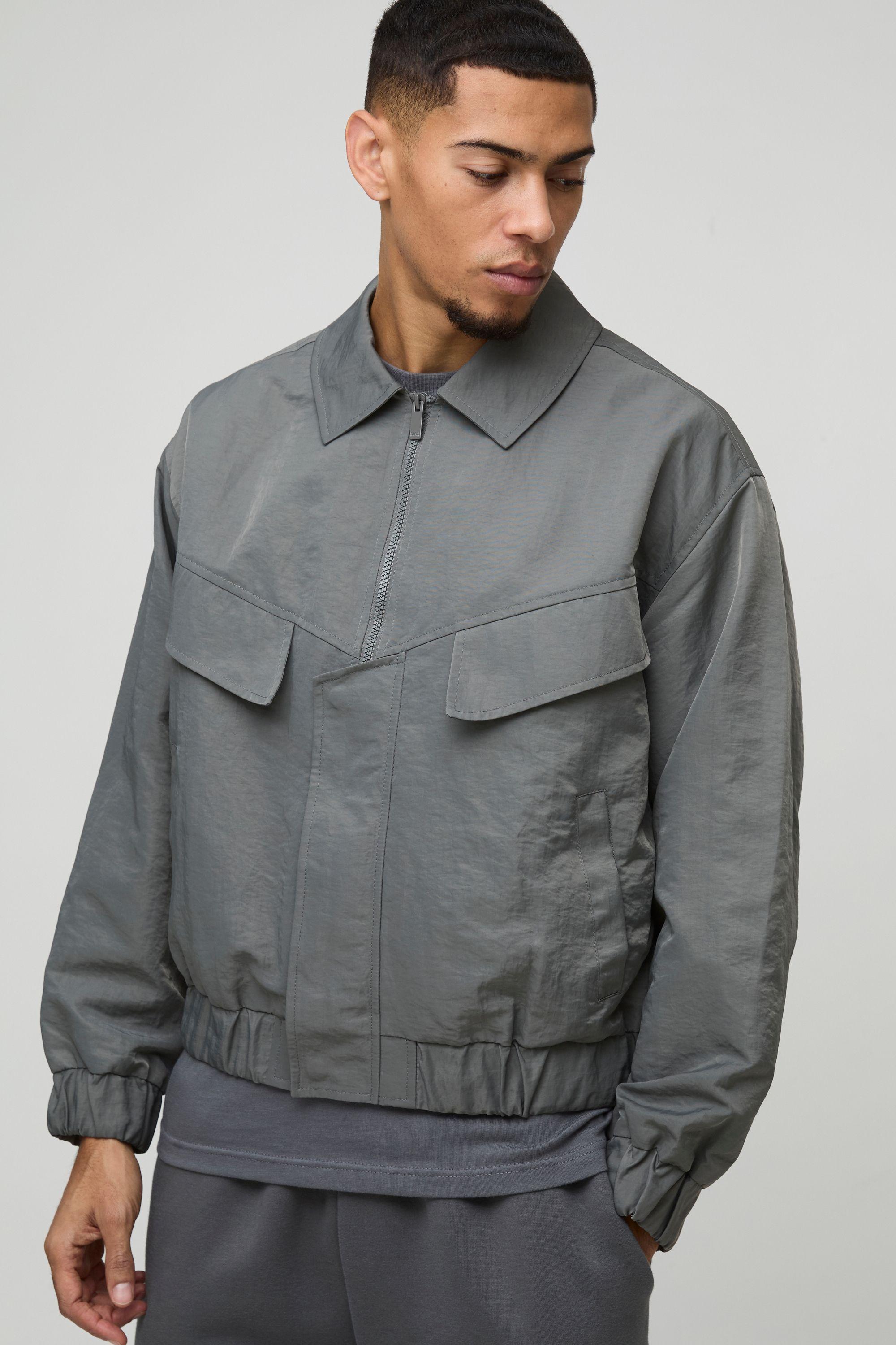 Oversized Boxy Peached Nylon Pocket Harrington Jacket by BOOHOOMAN