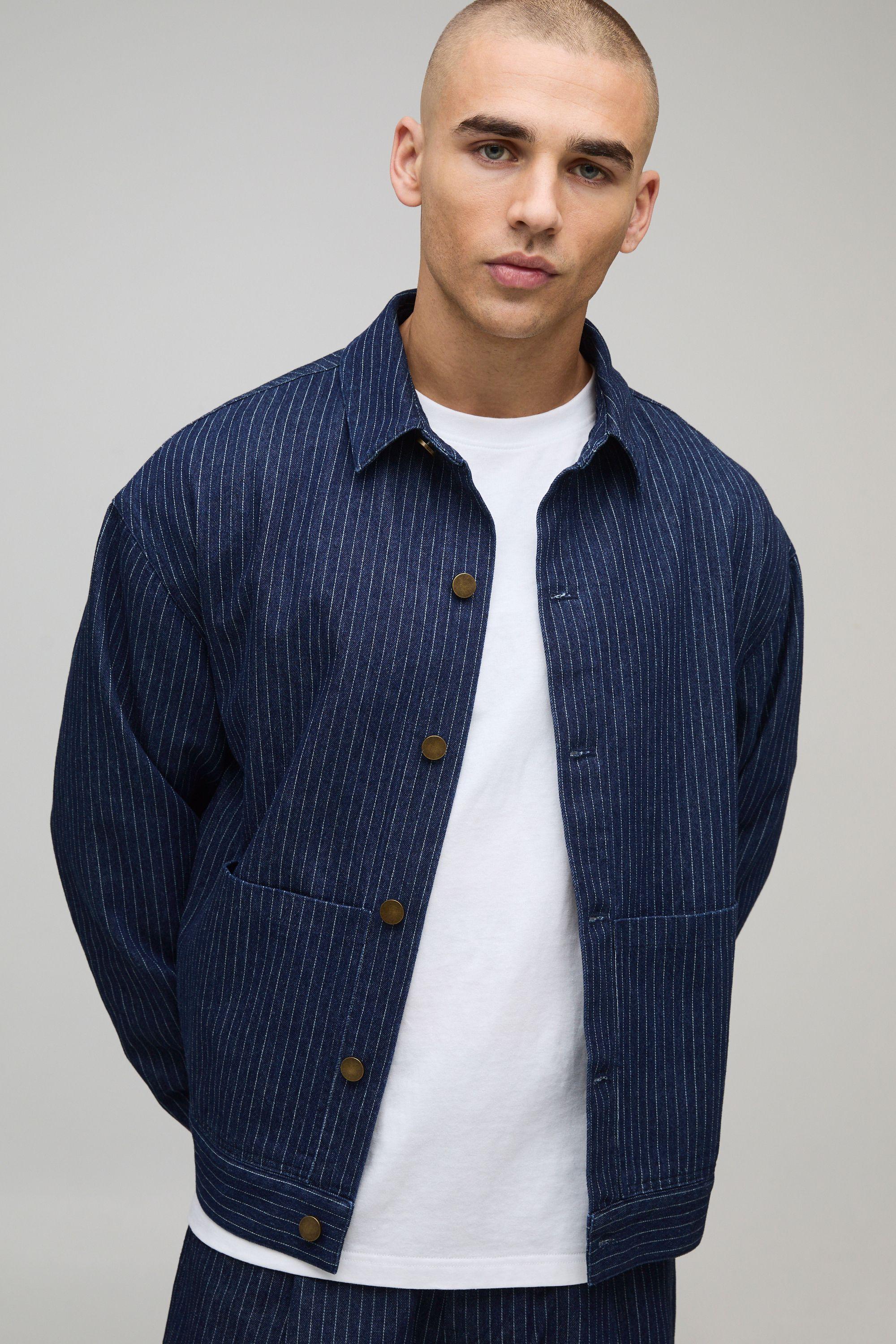 Oversized Boxy Pinstripe Twill Overshirt by BOOHOOMAN
