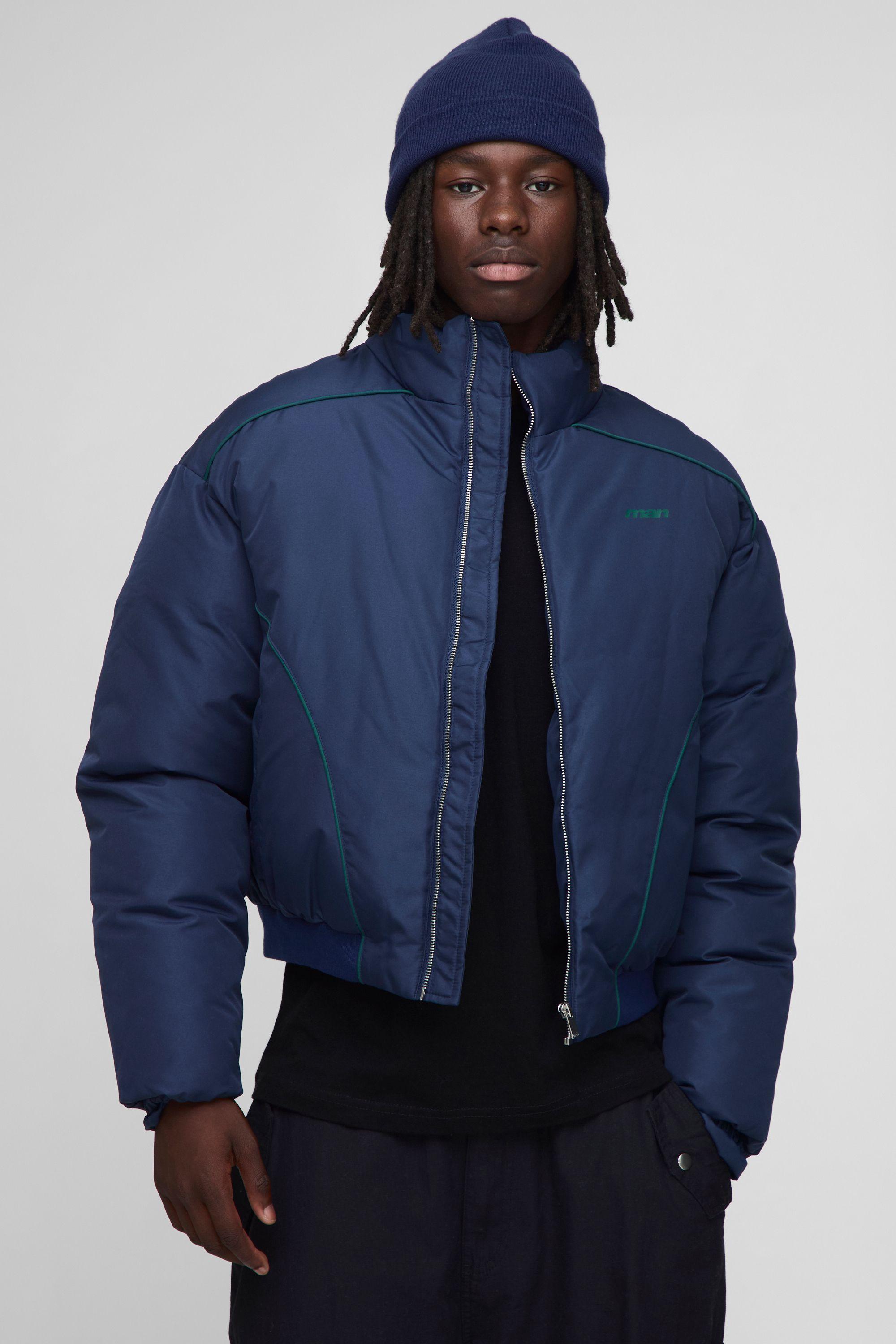 Oversized Boxy Piping Panel Funnel Neck Puffer Jacket by BOOHOOMAN