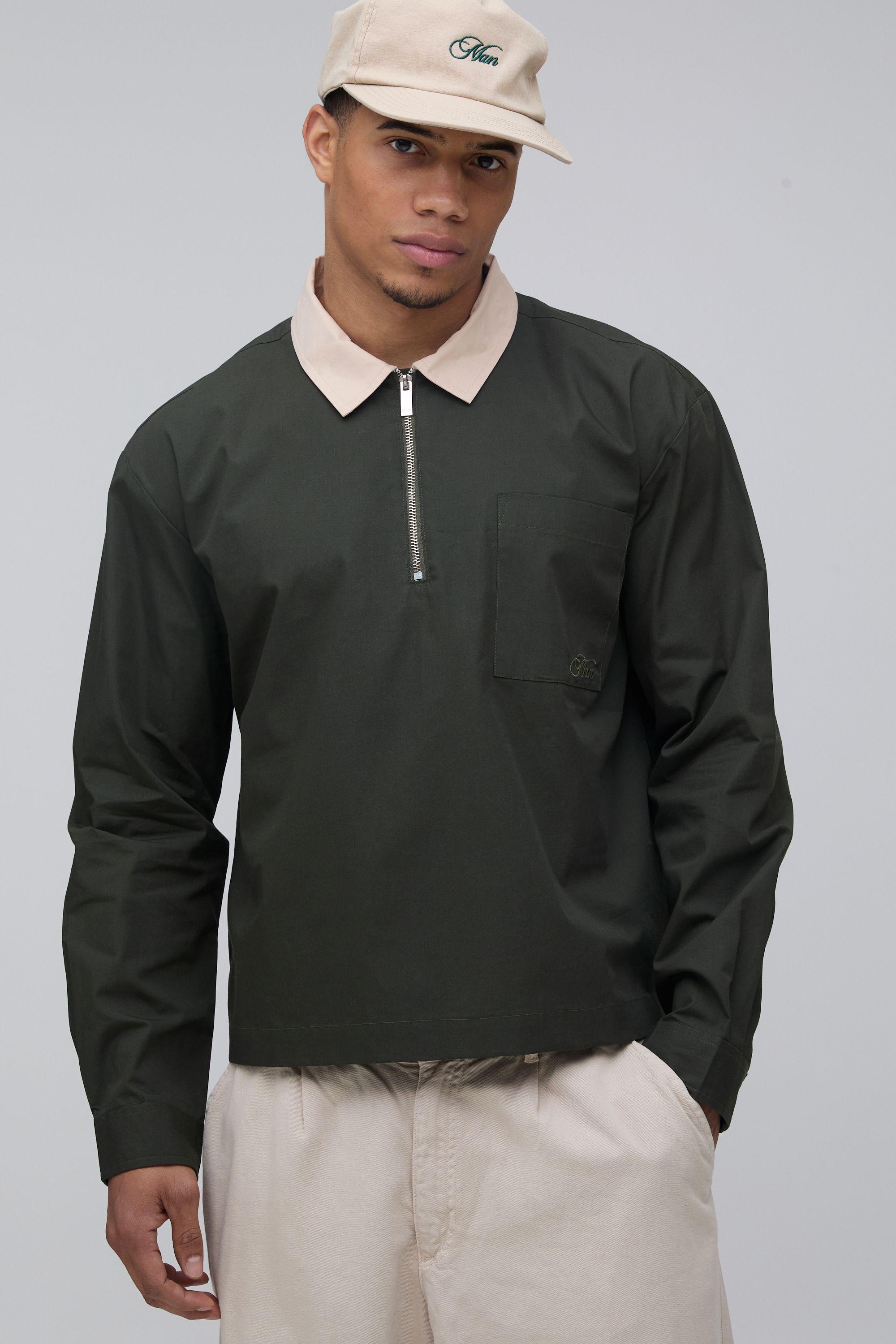 Oversized Boxy Quarter Zip Contrast Collar Poplin Shirt by BOOHOOMAN