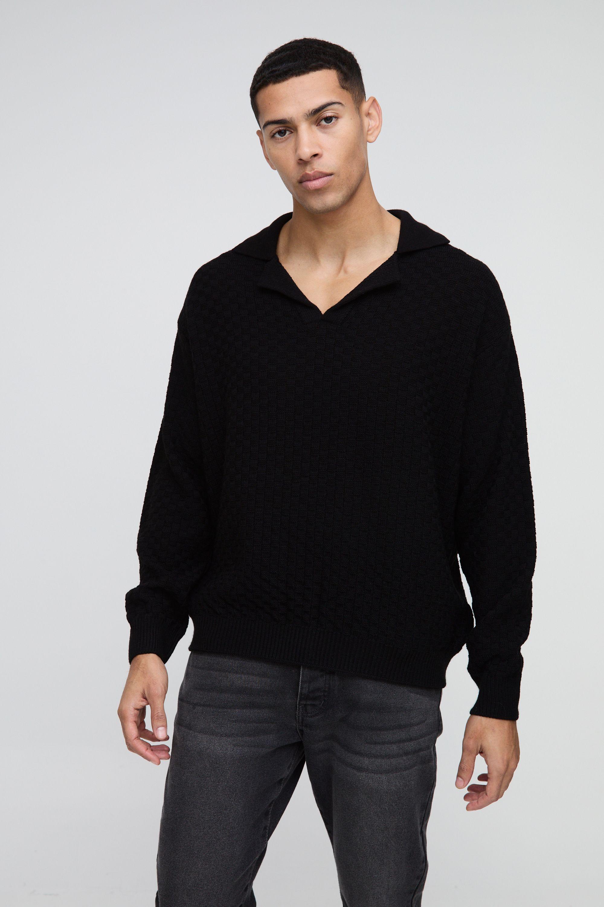 Oversized Boxy Revere Collar Basket Knitted Polo by BOOHOOMAN