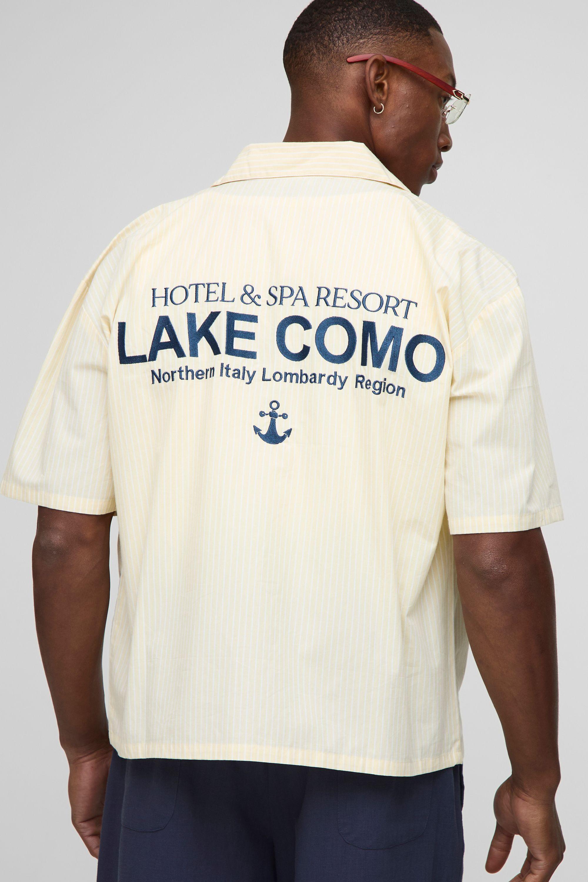Oversized Boxy Revere Lake Como Embroidered Stripe Shirt by BOOHOOMAN