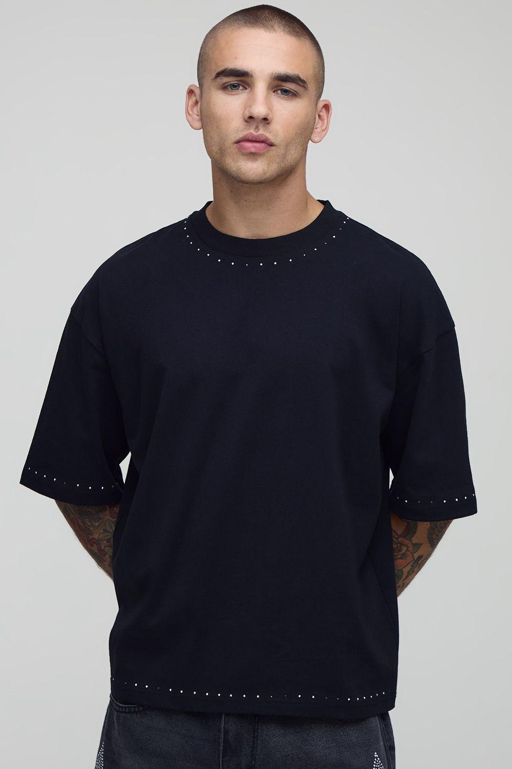 Oversized Boxy Rhinestone Detail T-Shirt by BOOHOOMAN