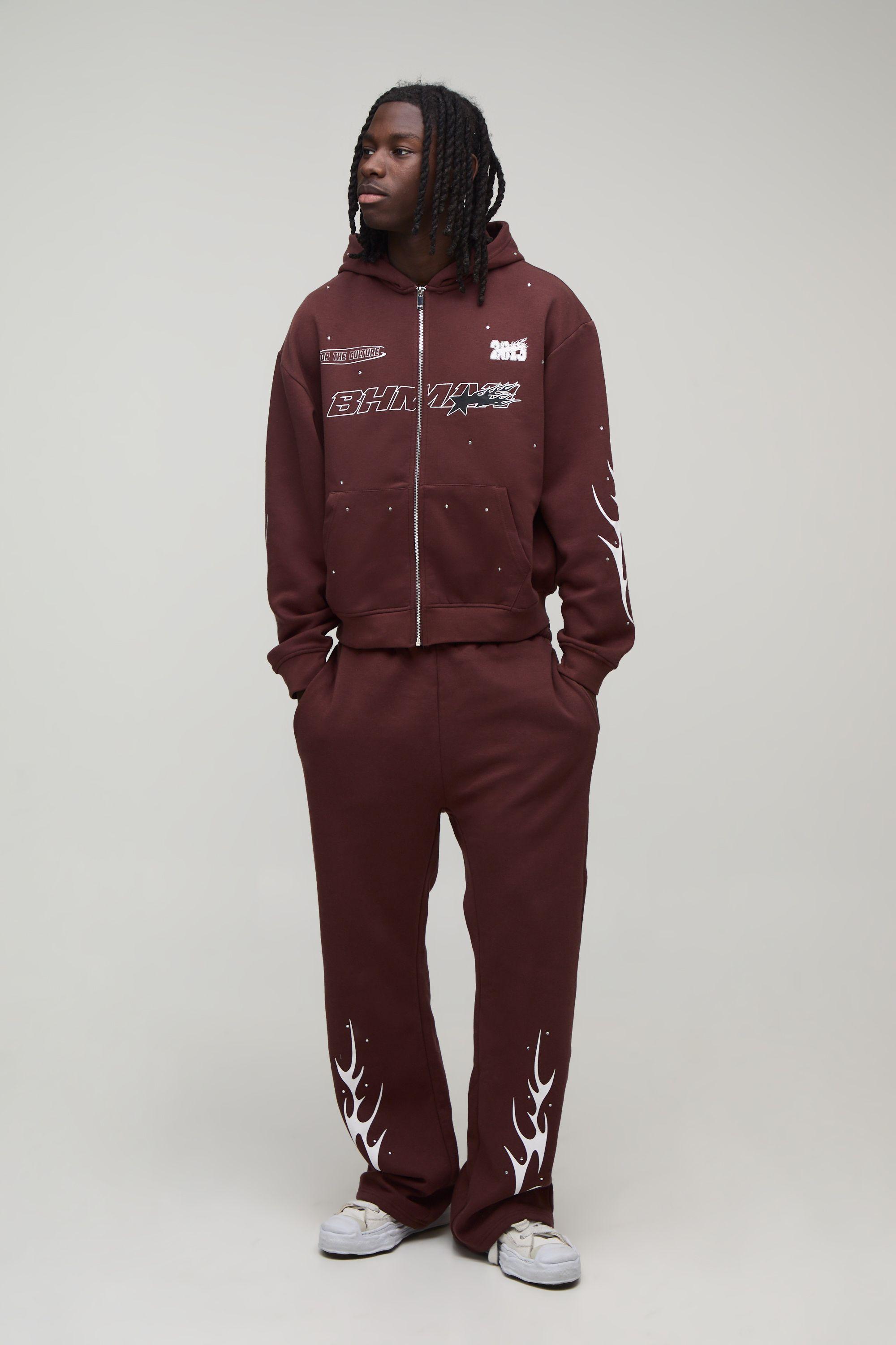 Oversized Boxy Rhinestone Moto Zip Up Tracksuit by BOOHOOMAN