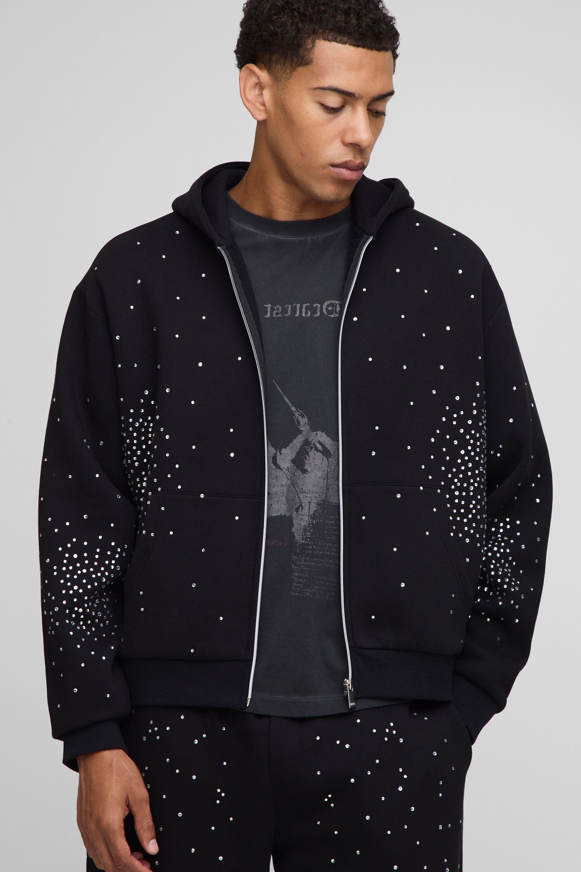 Oversized Boxy Rhinestone Zip Through Hoodie by BOOHOOMAN