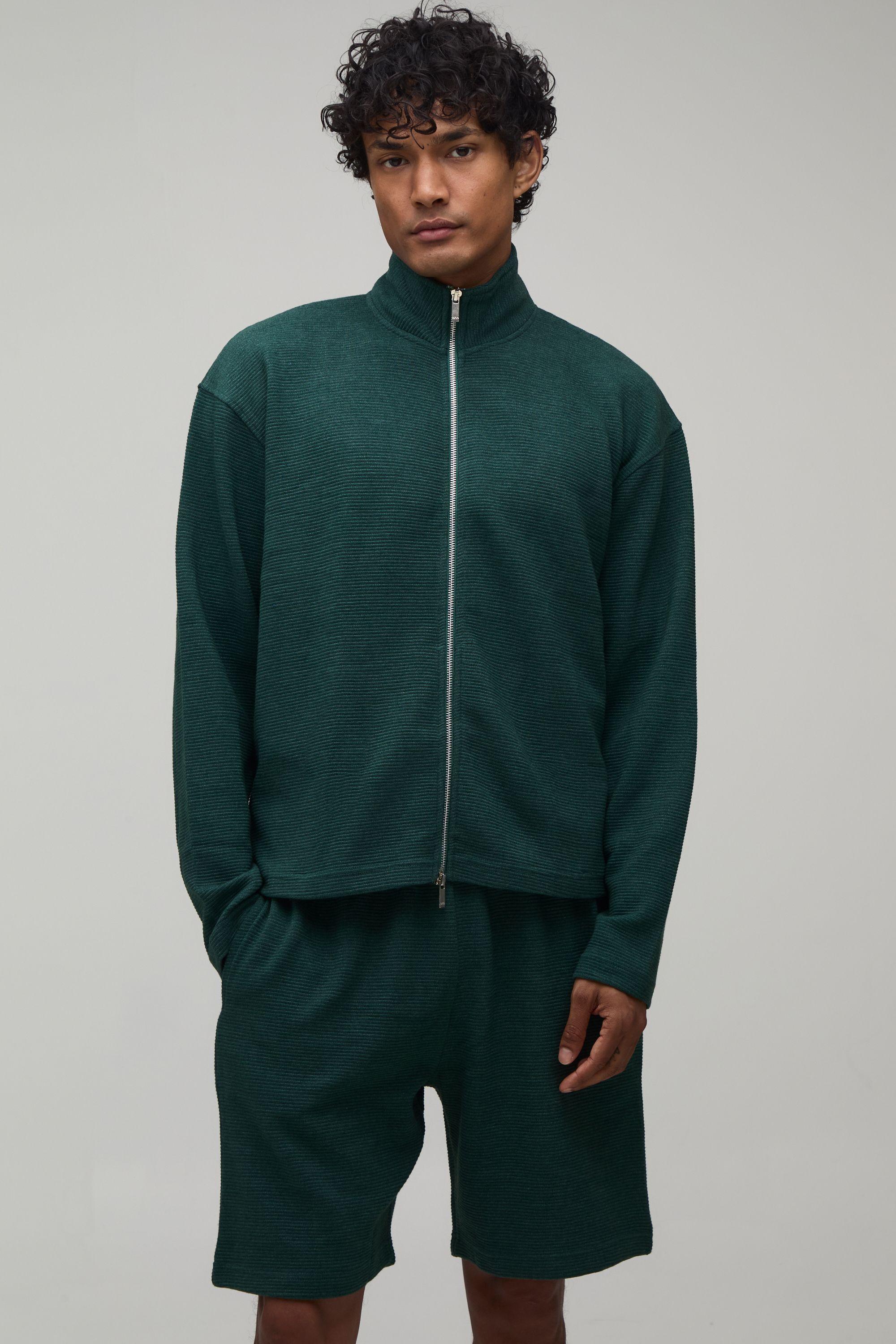 Oversized Boxy Rib Dual Ended Zip Through Funnel Neck Short Tracksuit by BOOHOOMAN