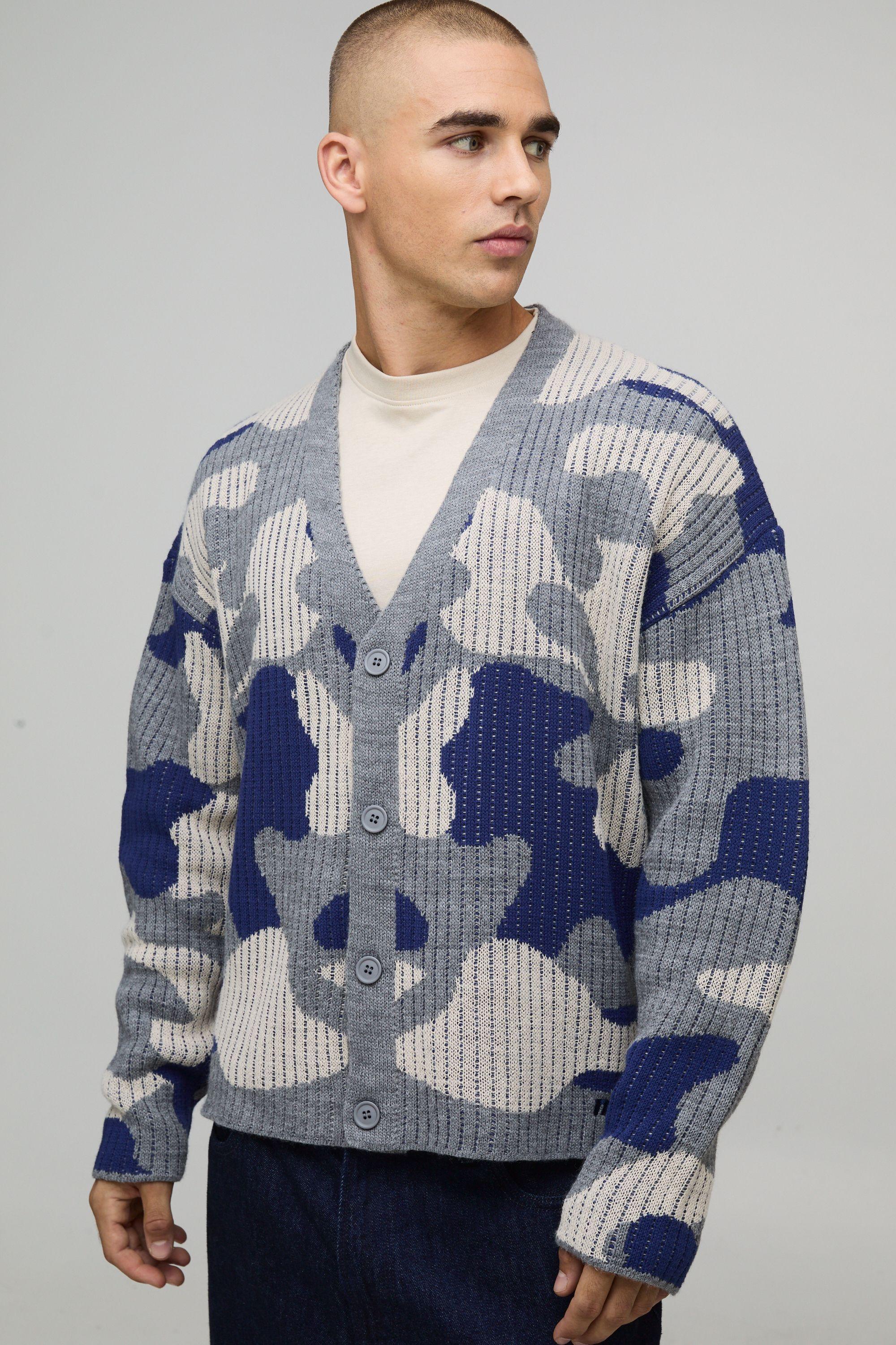 Oversized Boxy Ribbed Camo Knitted Cardigan by BOOHOOMAN