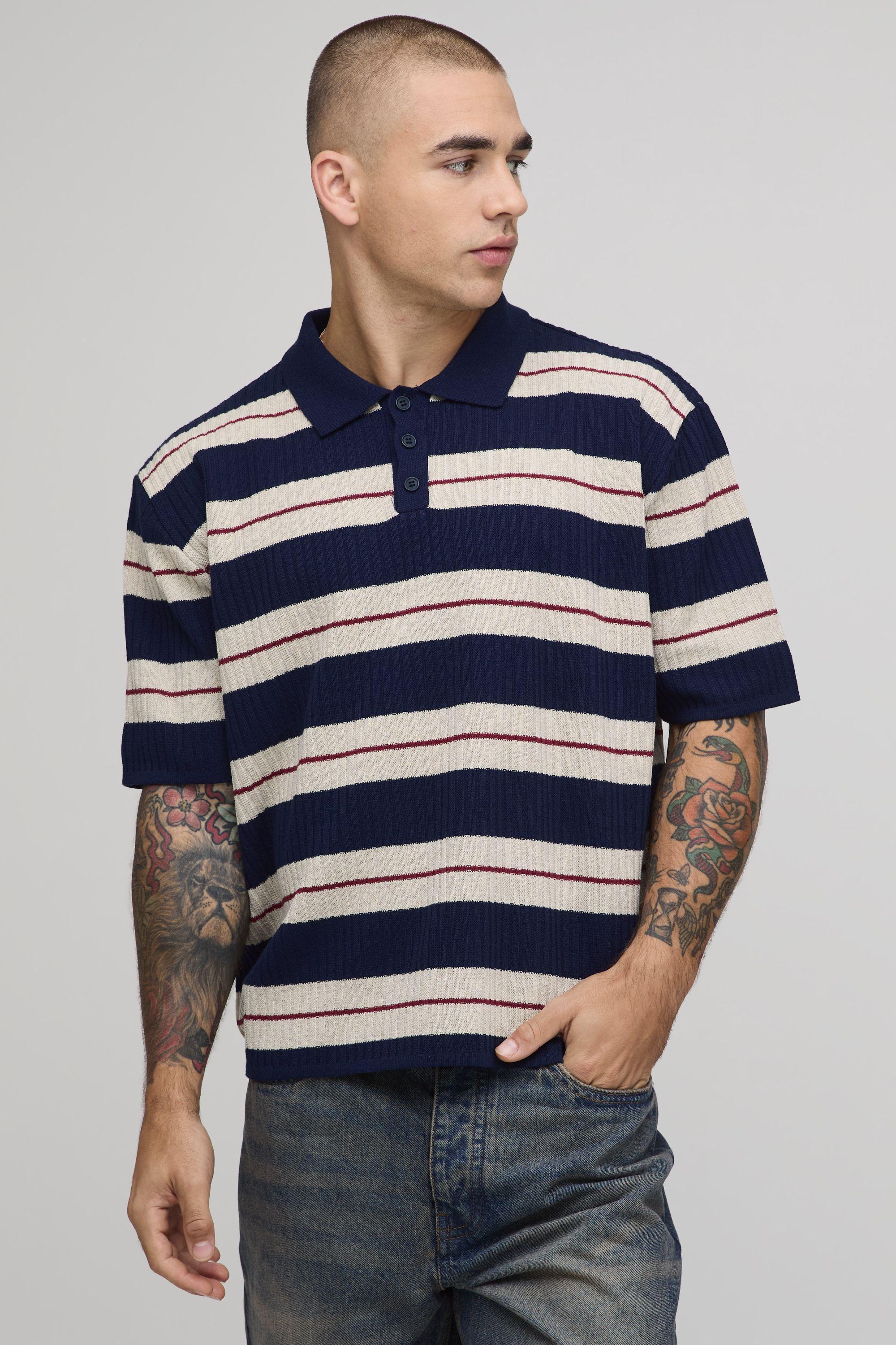 Oversized Boxy Ribbed Striped Knitted Polo by BOOHOOMAN