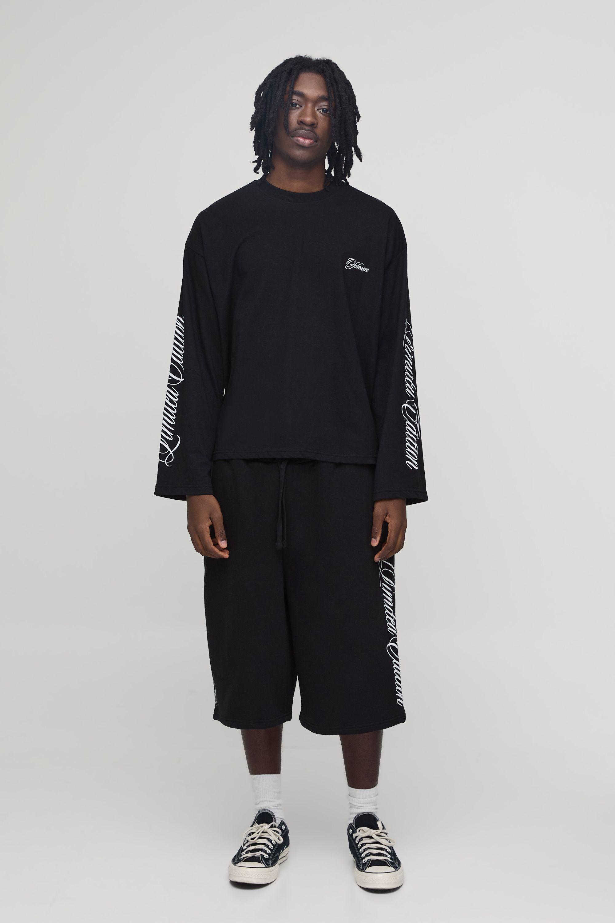 Oversized Boxy Script Long Sleeve T-Shirt and Jort Set by BOOHOOMAN