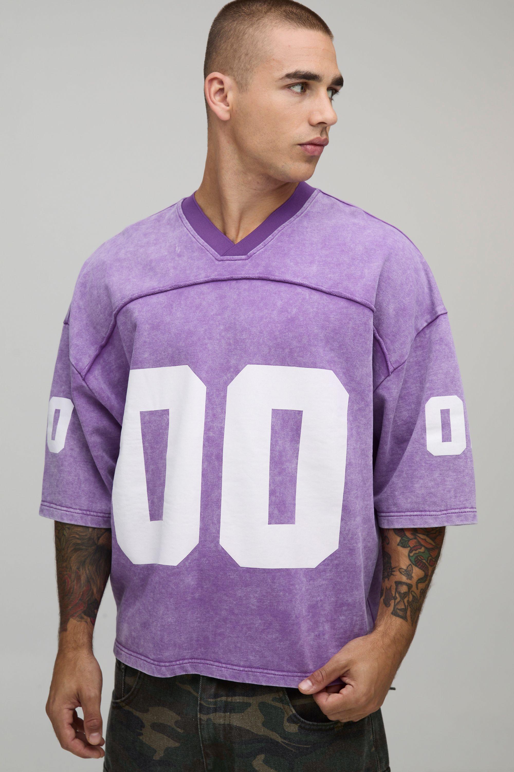 Oversized Boxy Seam Detail Washed 00 Print V-Neck Baseball Sports Top by BOOHOOMAN